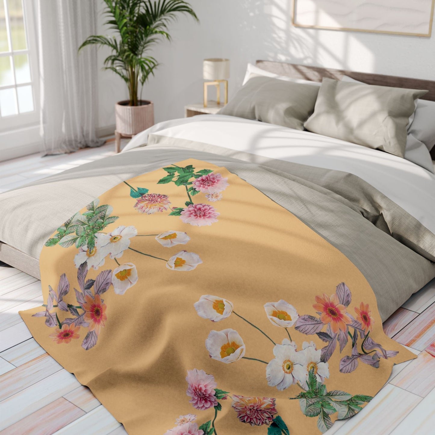 Fleece Blanket with Arctic Flowers - Pink and Orange Dahlias