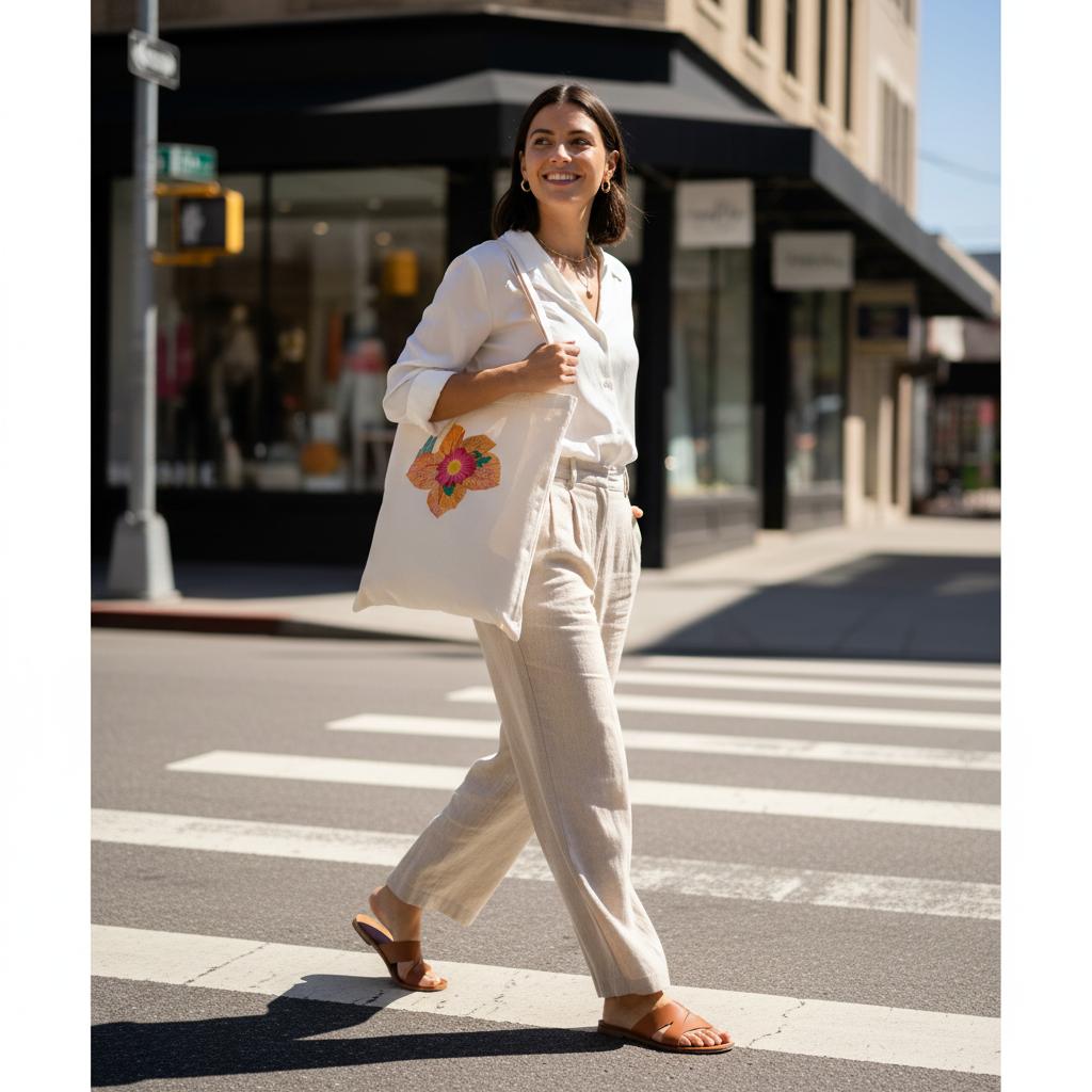 modern-building-red-flower-and-fallen-leaves-tote-bag-eco-friendly-cotton-design - front view