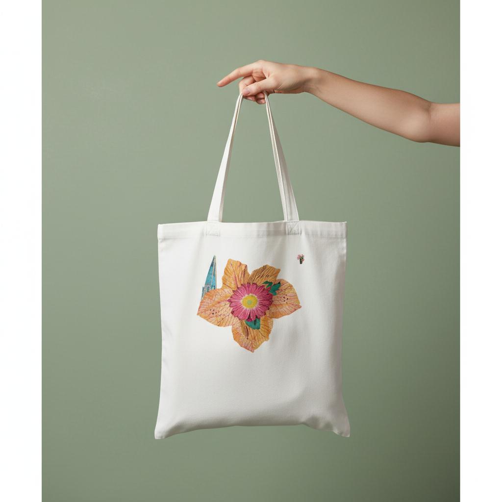 modern-building-red-flower-and-fallen-leaves-tote-bag-eco-friendly-cotton-design - front view