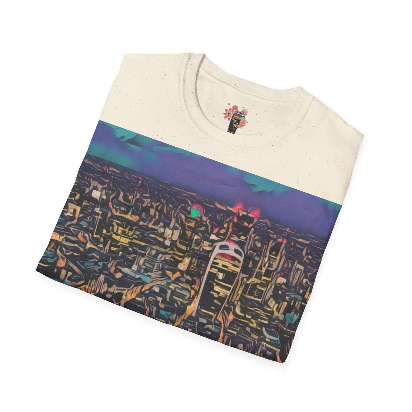 cityscape-art-unisex-softstyle-t-shirt-urban-photography-tee-streetwear-nightlife-fashion-gift-for-travelers-summer-outfit - front view