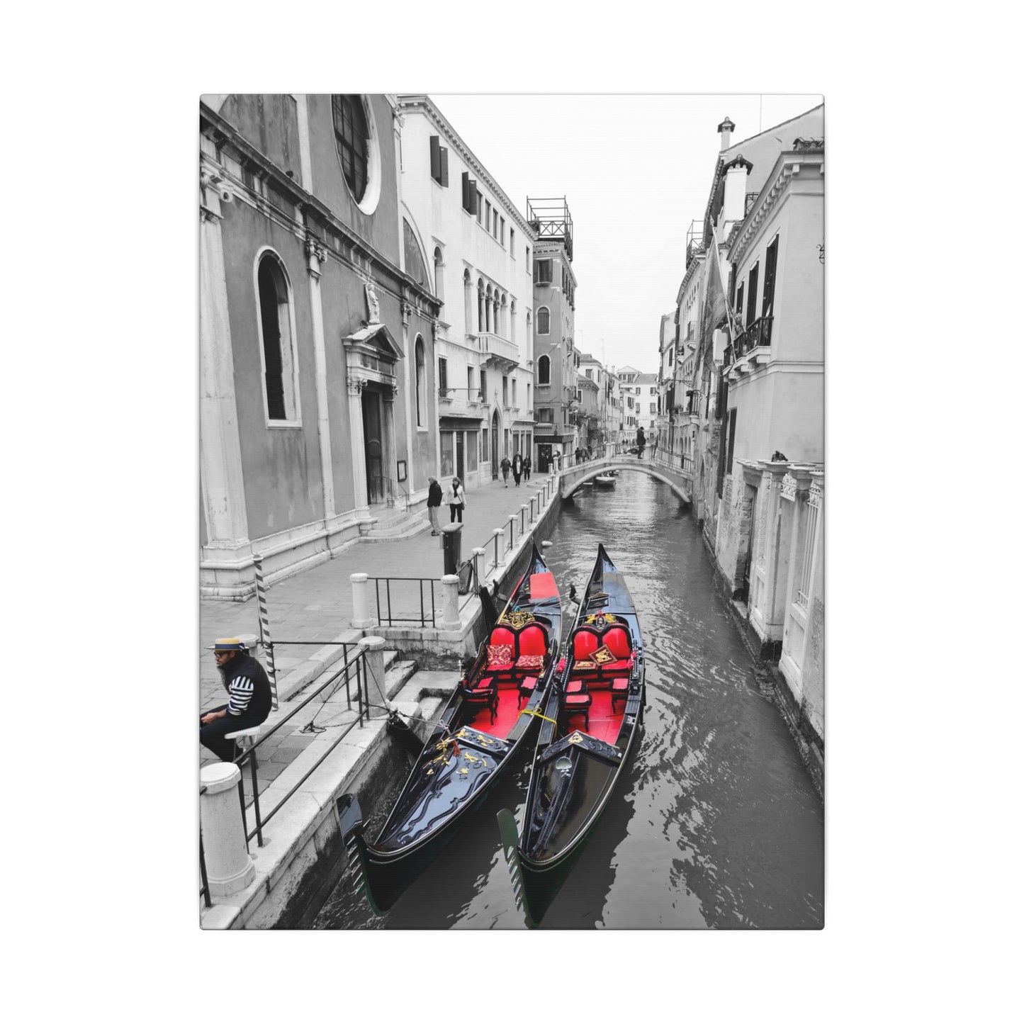 Venice Gondola Canvas Print — Black & White Scene with Colored Gondolas