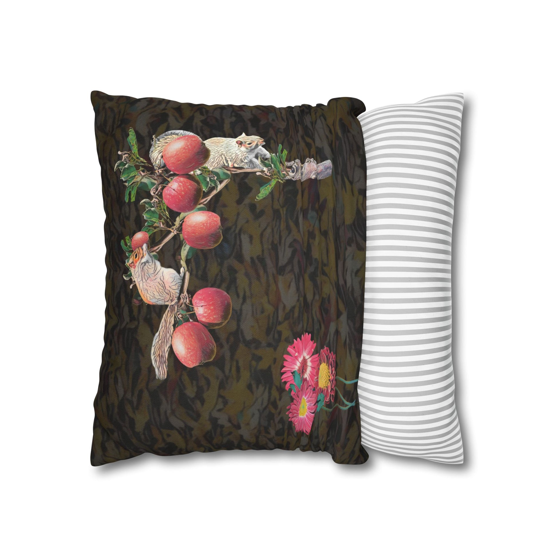 black-pillowcase-squirrels-and-apple-tree-floral-design - front view