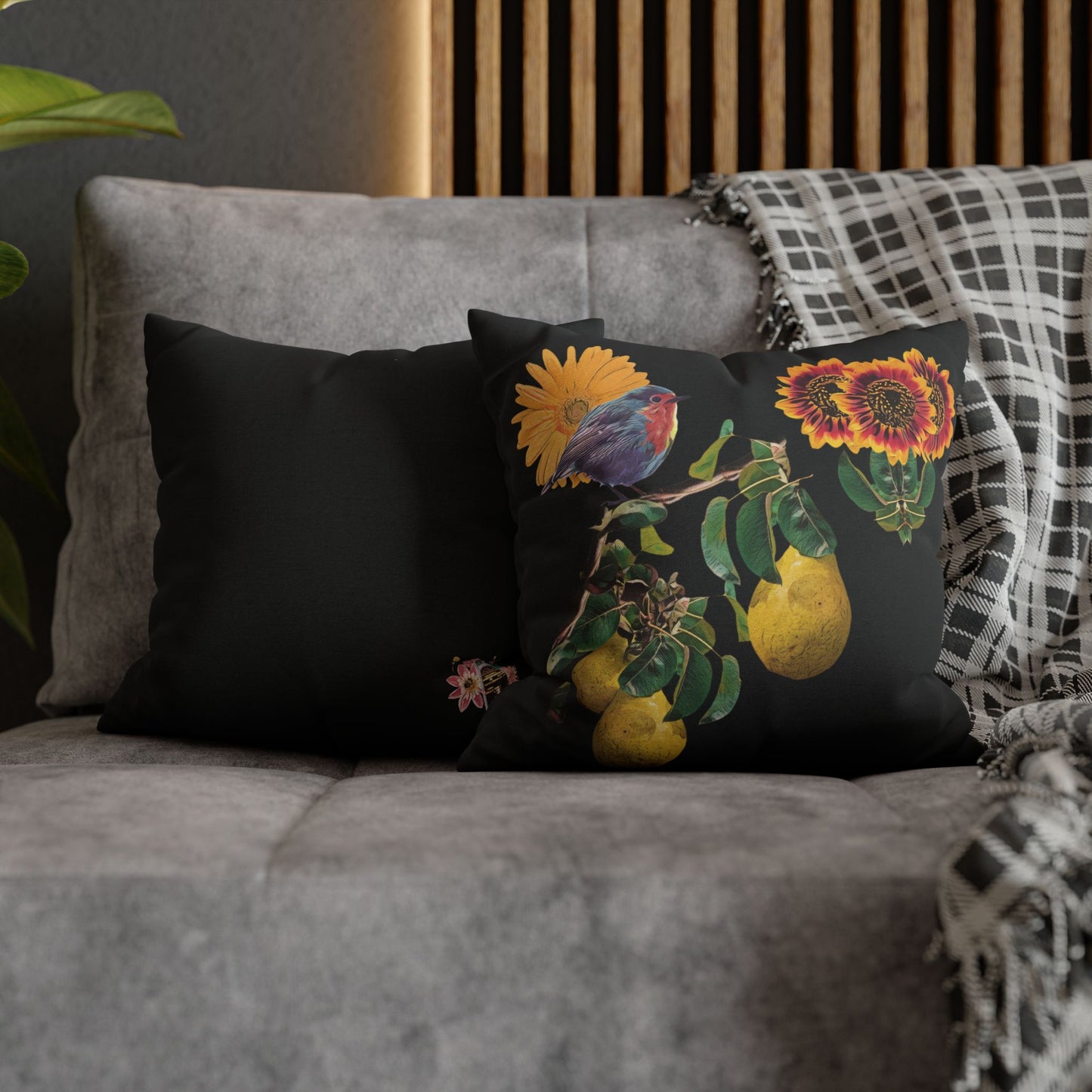 black-no-leaves-pillowcase-robin-and-pears-tree-and-sunflower-design - front view