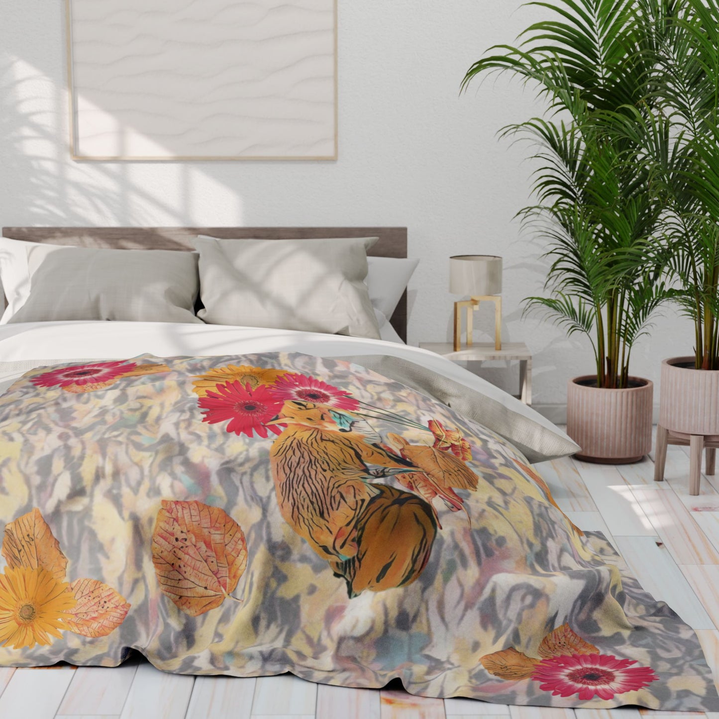 fleece-blanket-autumnal-fox-pumpkins-and-chrysanthemum-design - front view