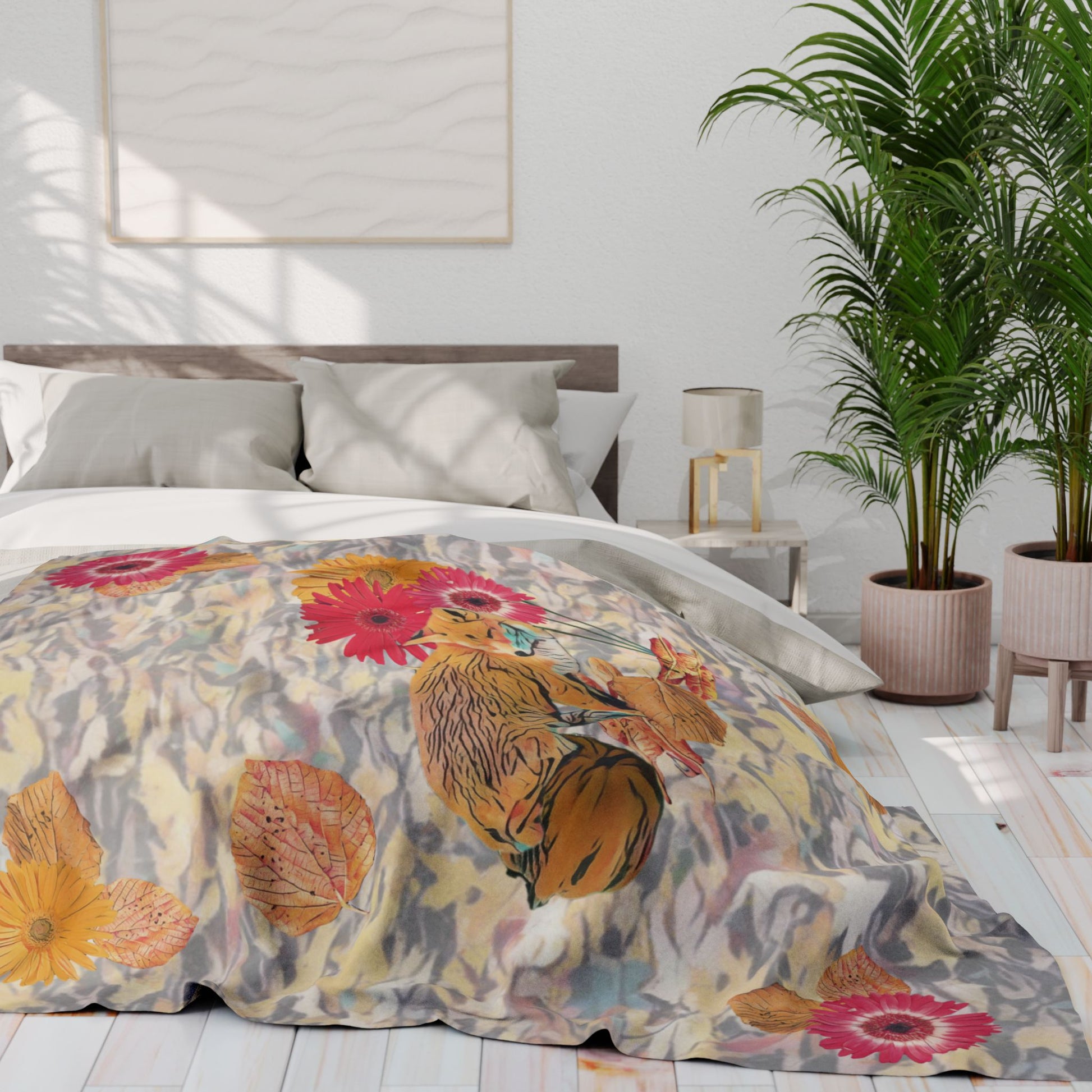 fleece-blanket-autumnal-fox-pumpkins-and-chrysanthemum-design - front view