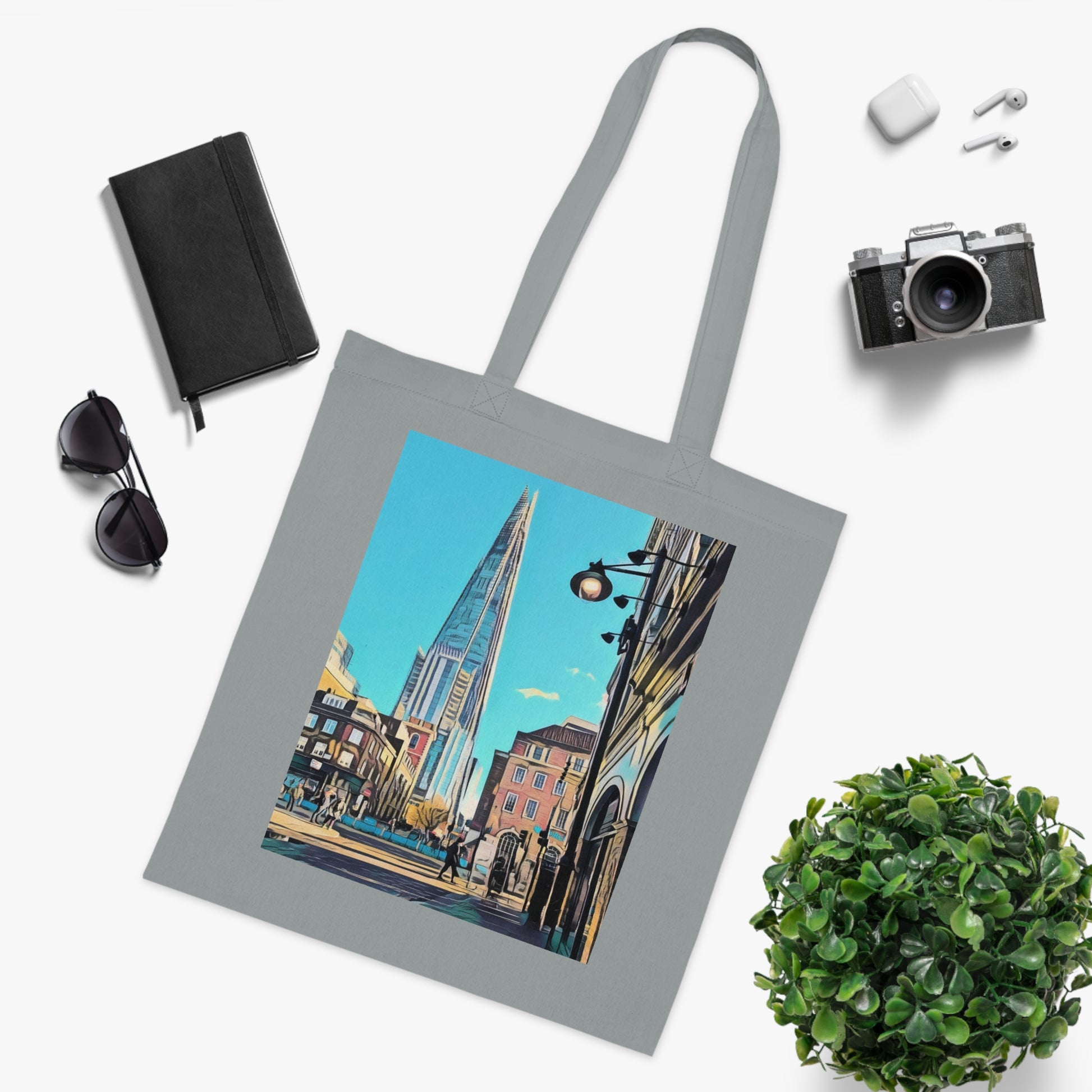 cotton-tote-bag-with-london-shard-at-night-shopper-bag-travel-tote-reusable-grocery-bag-cityscape-tote-eco-friendly - front view