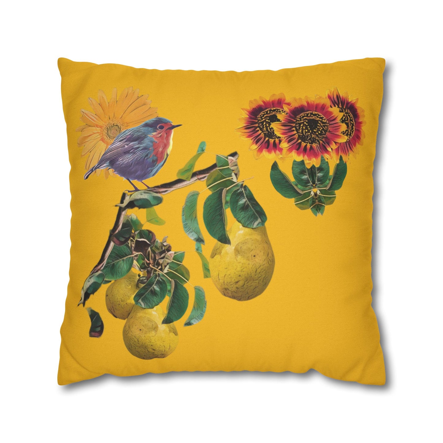 black-pillowcase-robin-and-pears-tree-and-sunflower-design - front view