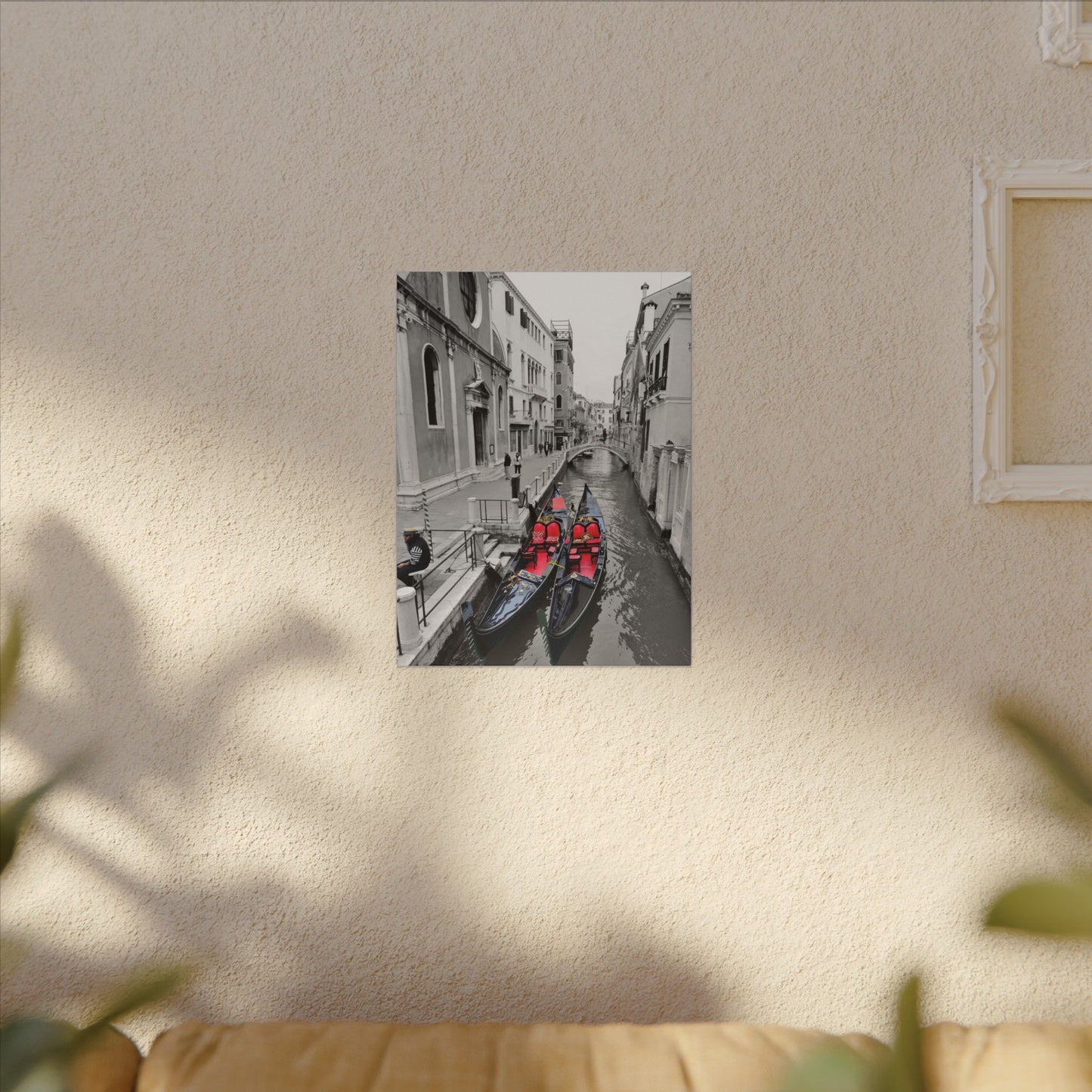 Venice Gondola Canvas Print — Black & White Scene with Colored Gondolas