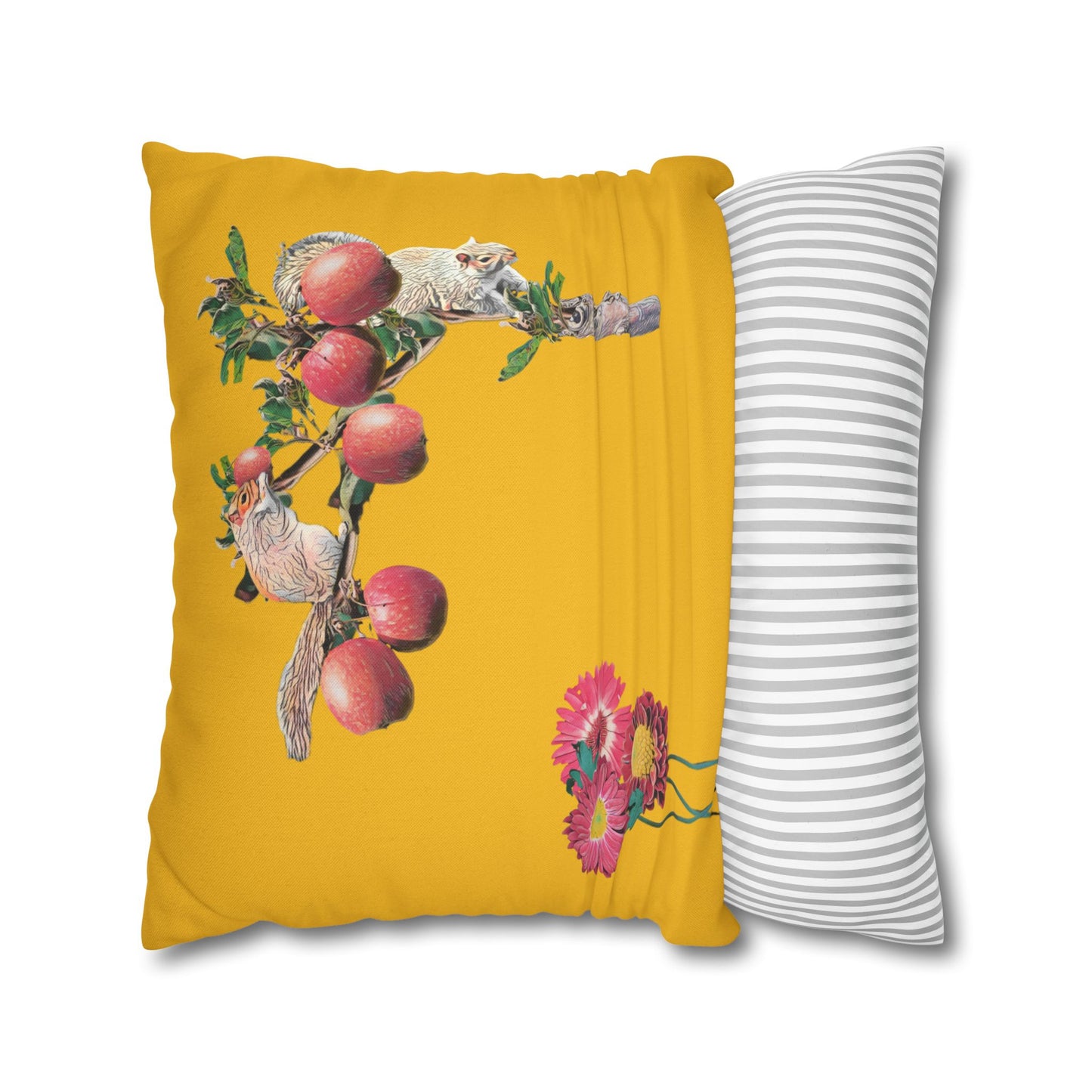 yellow-pillowcase-squirrels-and-apple-tree-floral-design - front view