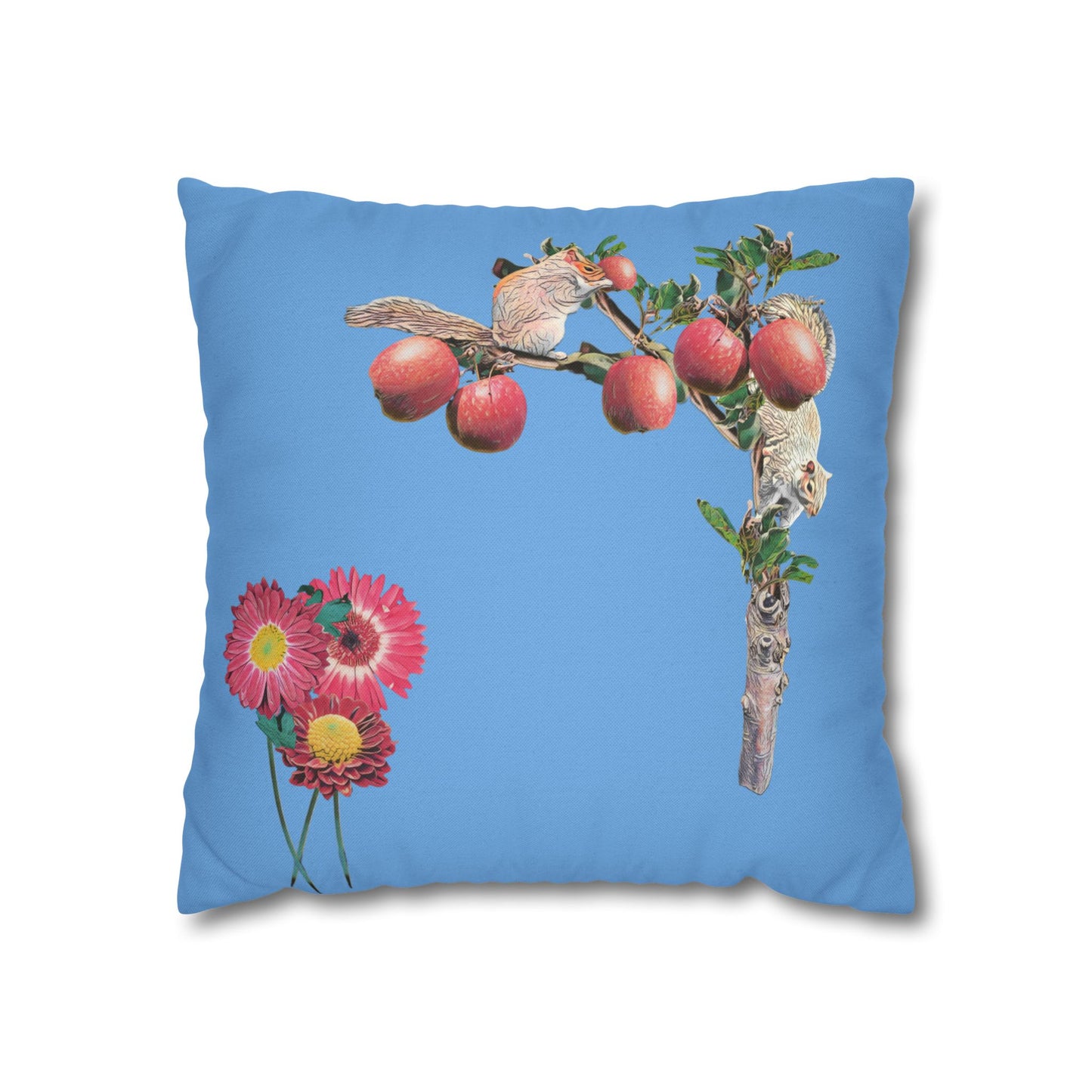 light-blue-pillowcase-squirrels-and-apple-tree-floral-design - front view