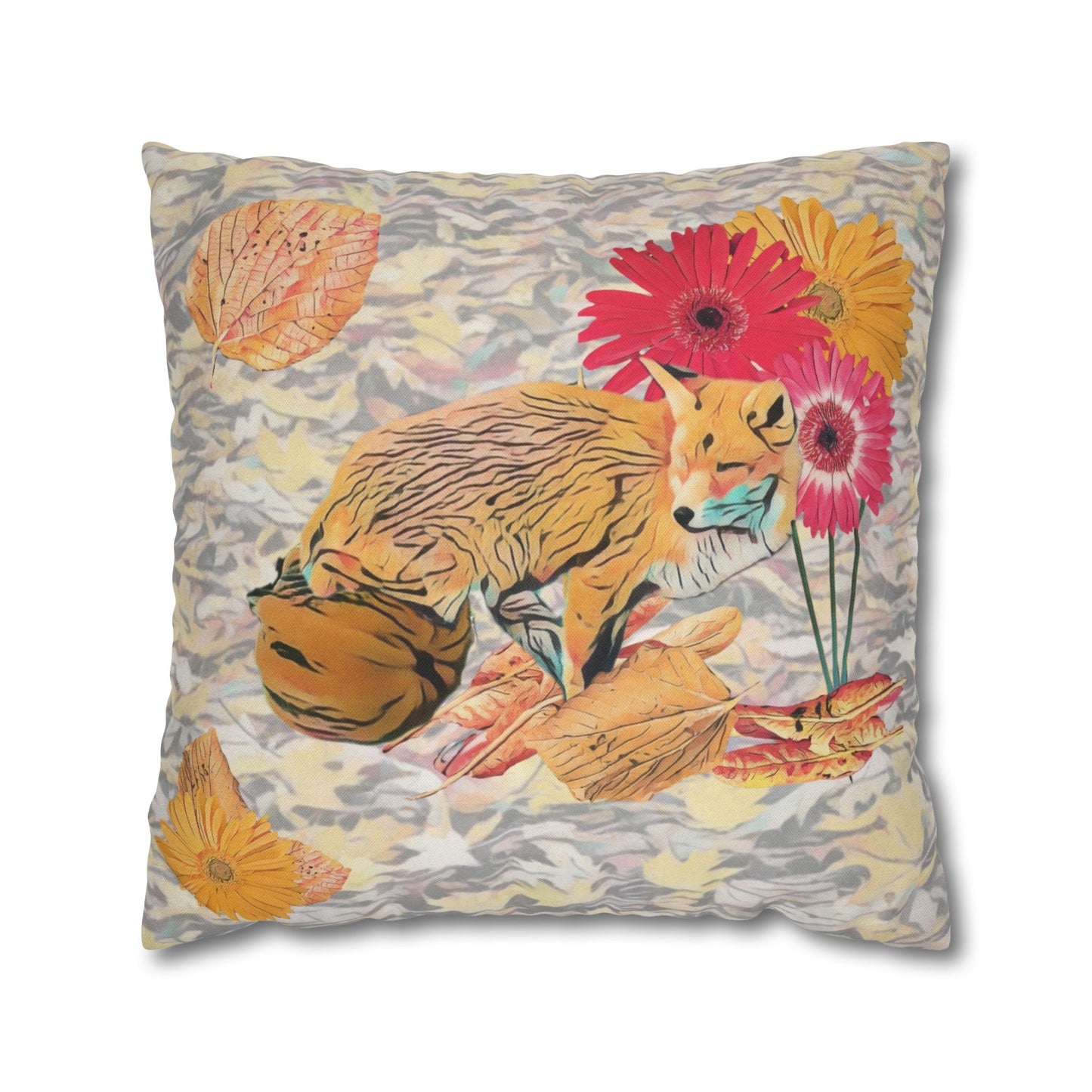 white-pillowcase-cozy-fox-pumpkins-and-chrysanthemum-autumn-leaves-design - front view