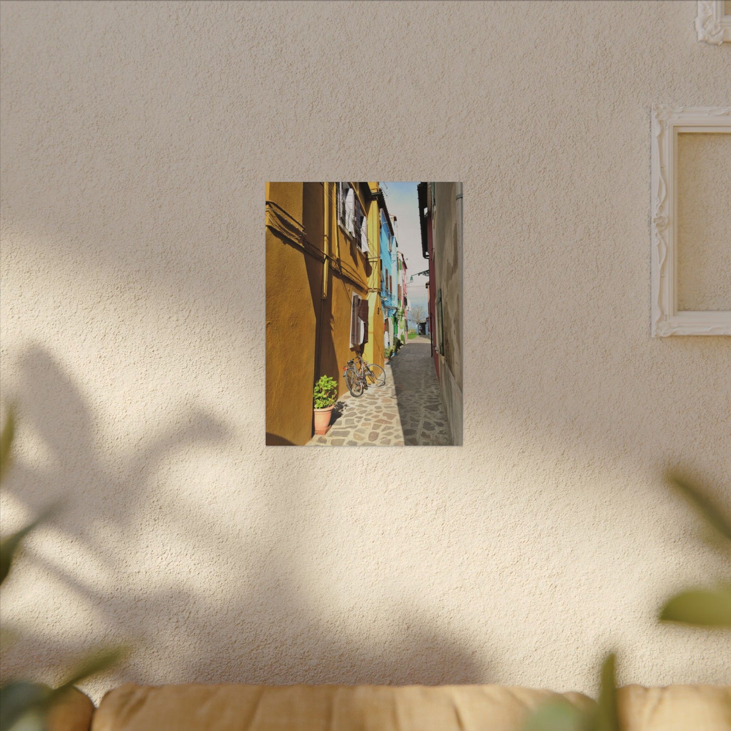 Mulano Street Scene Matte Canvas Print — Yellow Houses & Hanging Clothes, Stretched Wall Art