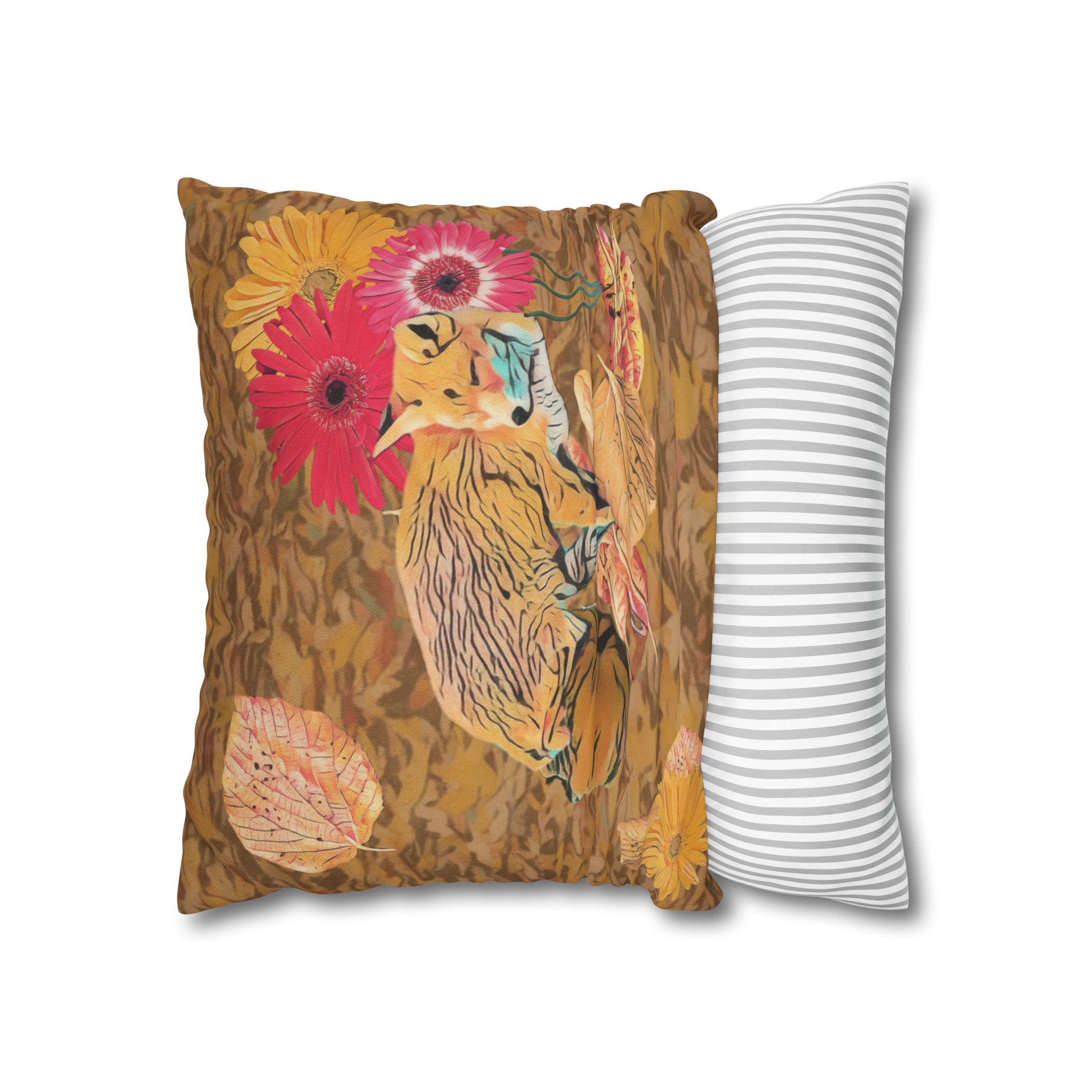 light-brown-pillowcase-cozy-fox-pumpkins-and-chrysanthemum-autumn-leaves-design - front view