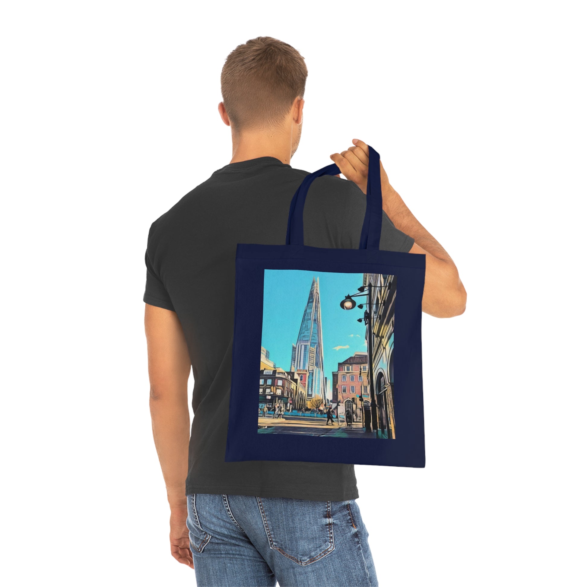 cotton-tote-bag-with-london-shard-at-night-shopper-bag-travel-tote-reusable-grocery-bag-cityscape-tote-eco-friendly - front view