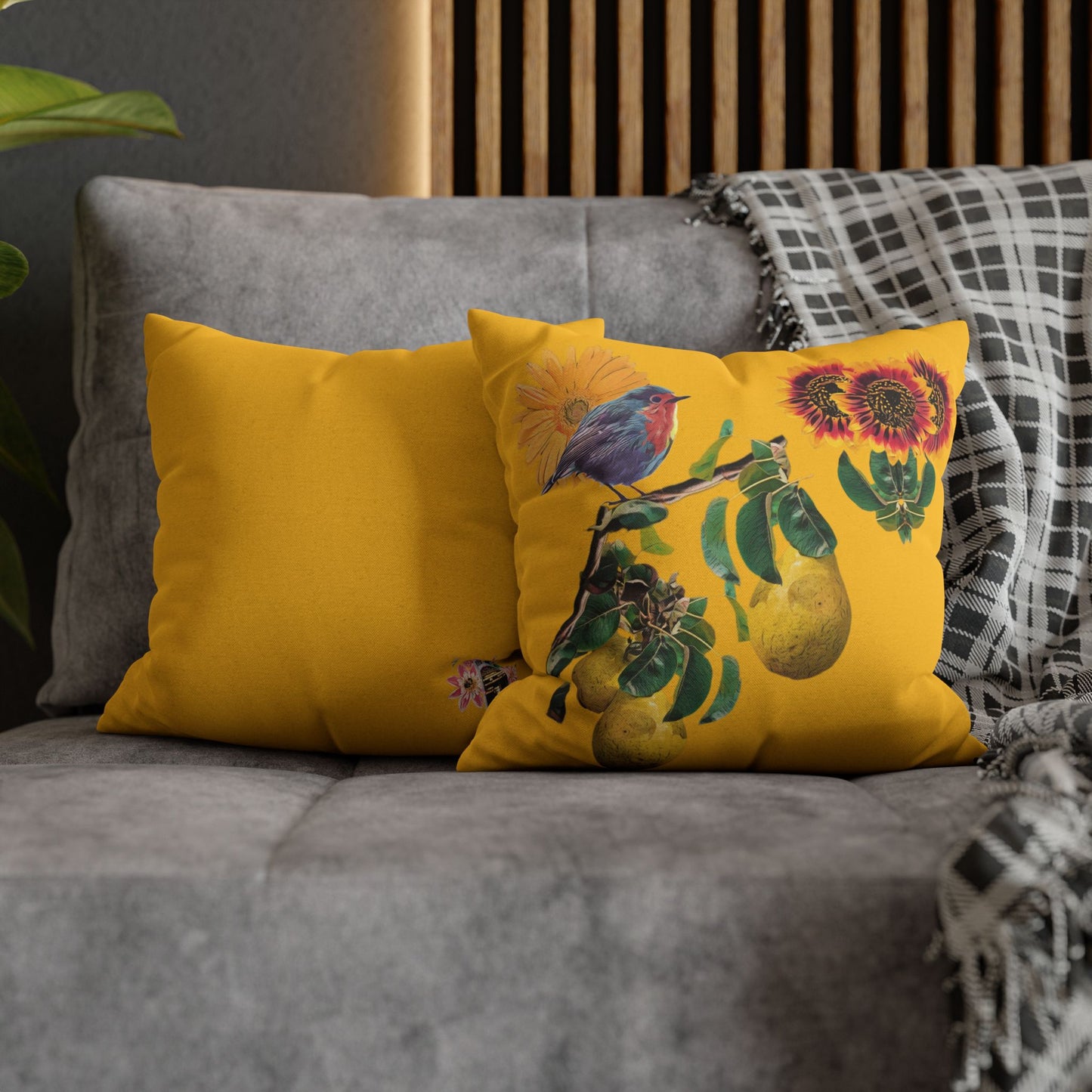 black-pillowcase-robin-and-pears-tree-and-sunflower-design - front view