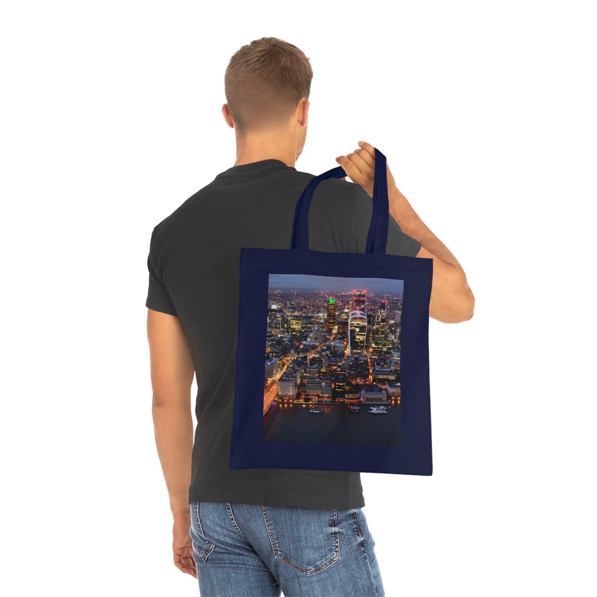cotton-tote-bag-with-london-skyline-from-the-shard-at-night-shopper-bag-travel-tote-reusable-grocery-bag-cityscape-tote-eco-friendly - front view