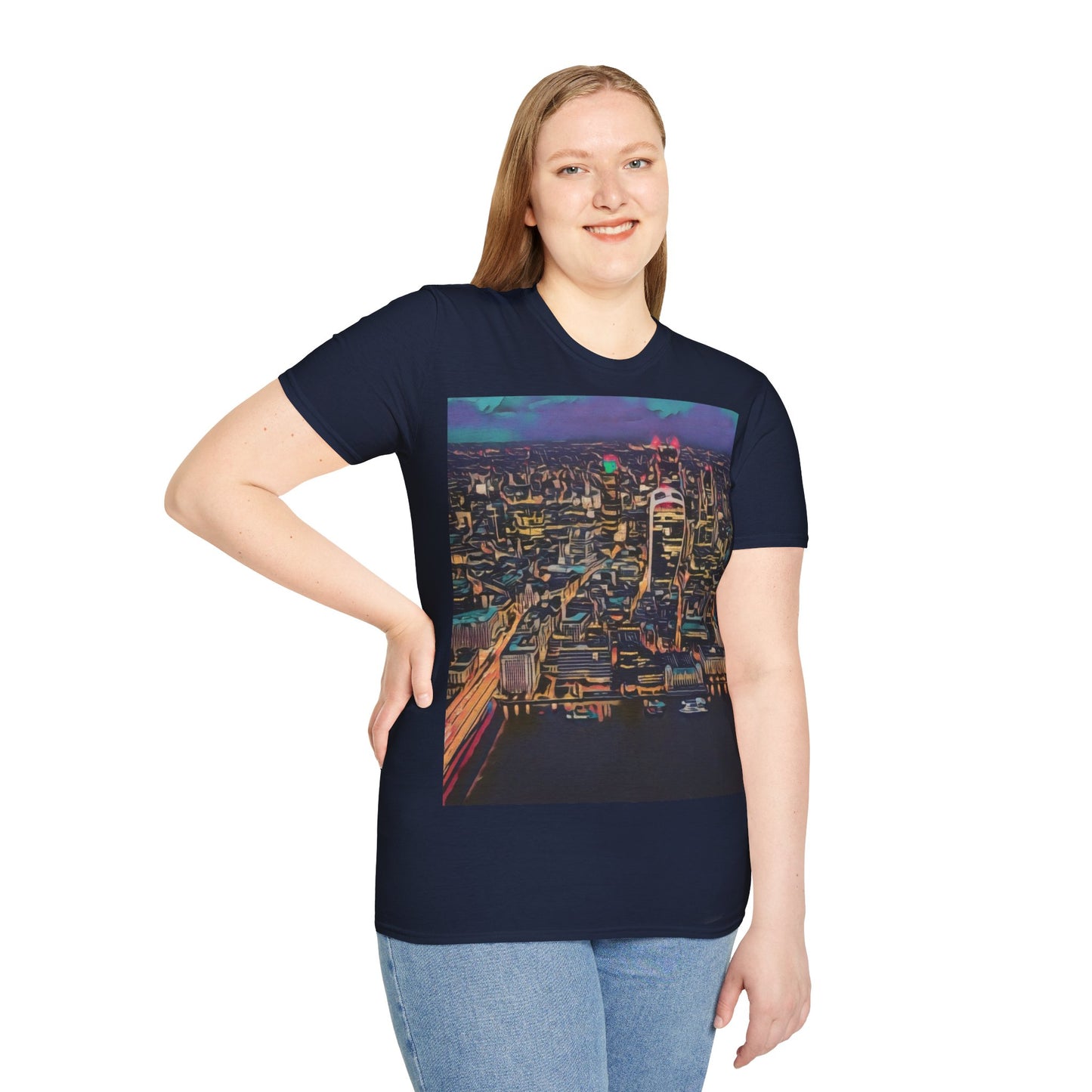 cityscape-art-unisex-softstyle-t-shirt-urban-photography-tee-streetwear-nightlife-fashion-gift-for-travelers-summer-outfit - front view