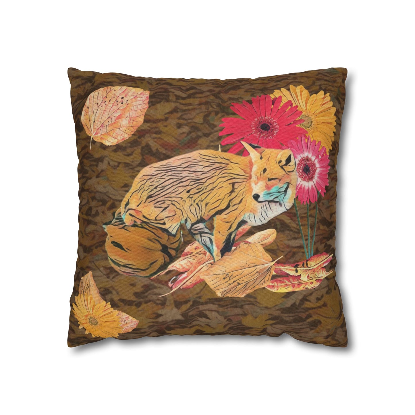 brown-pillowcase-cozy-fox-pumpkins-and-chrysanthemum-autumn-leaves-design - front view