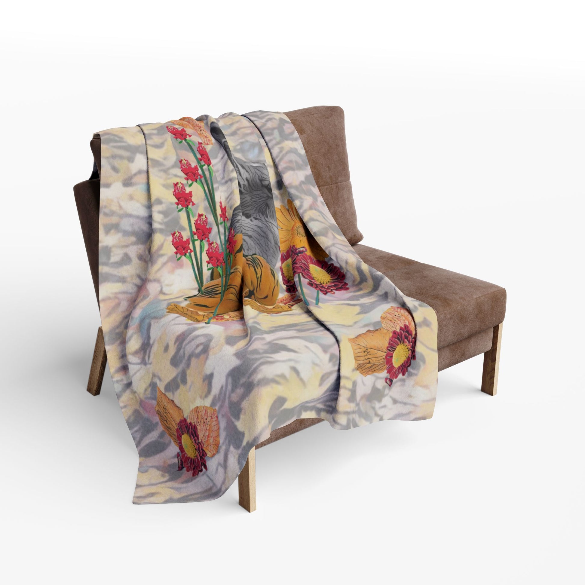 fleece-blanket-fox-pear-pumpkin-rabbit-tomatoes-falling-leaves-design - front view