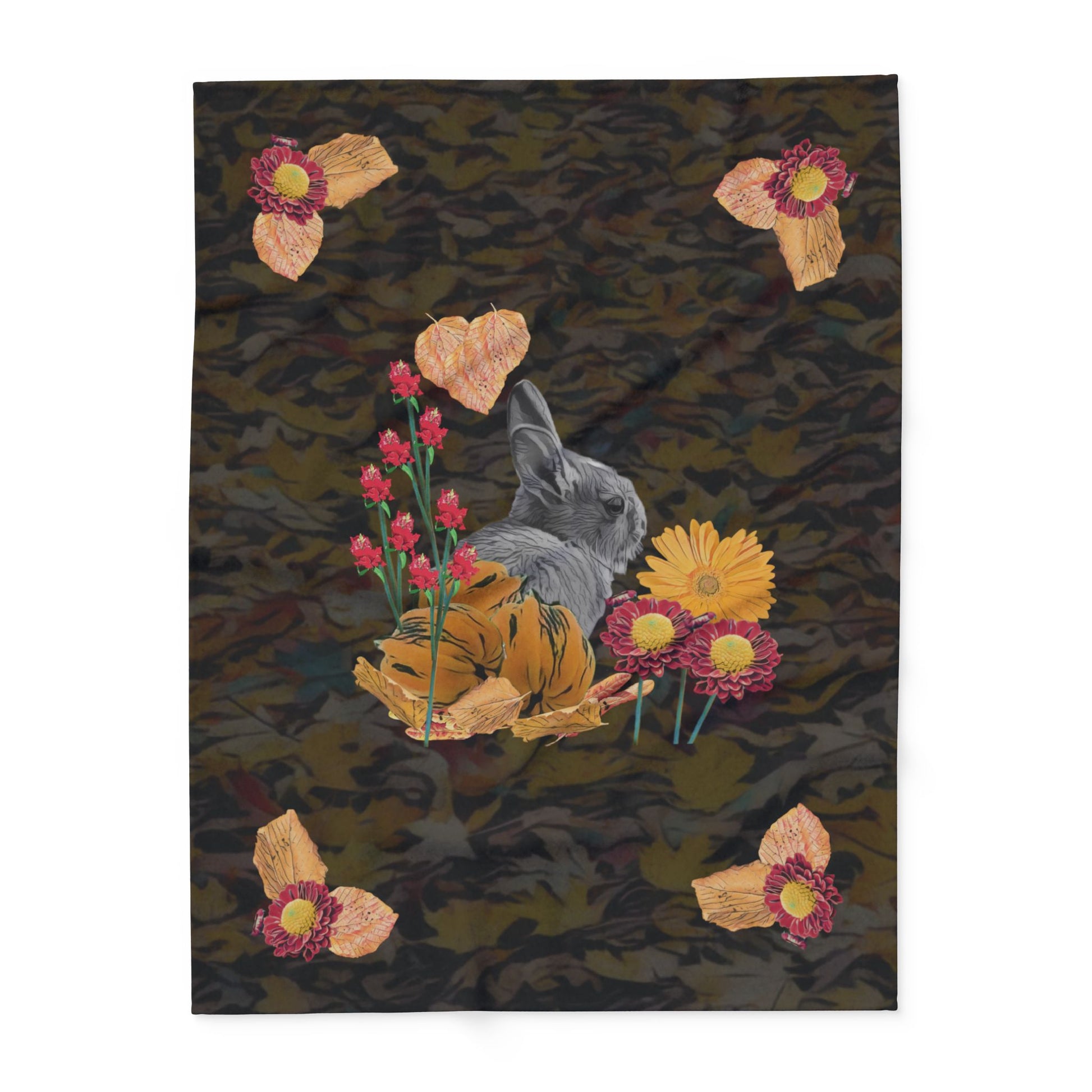 dark-fleece-blanket-fox-pear-pumpkin-rabbit-tomatoes-falling-leaves-design - front view