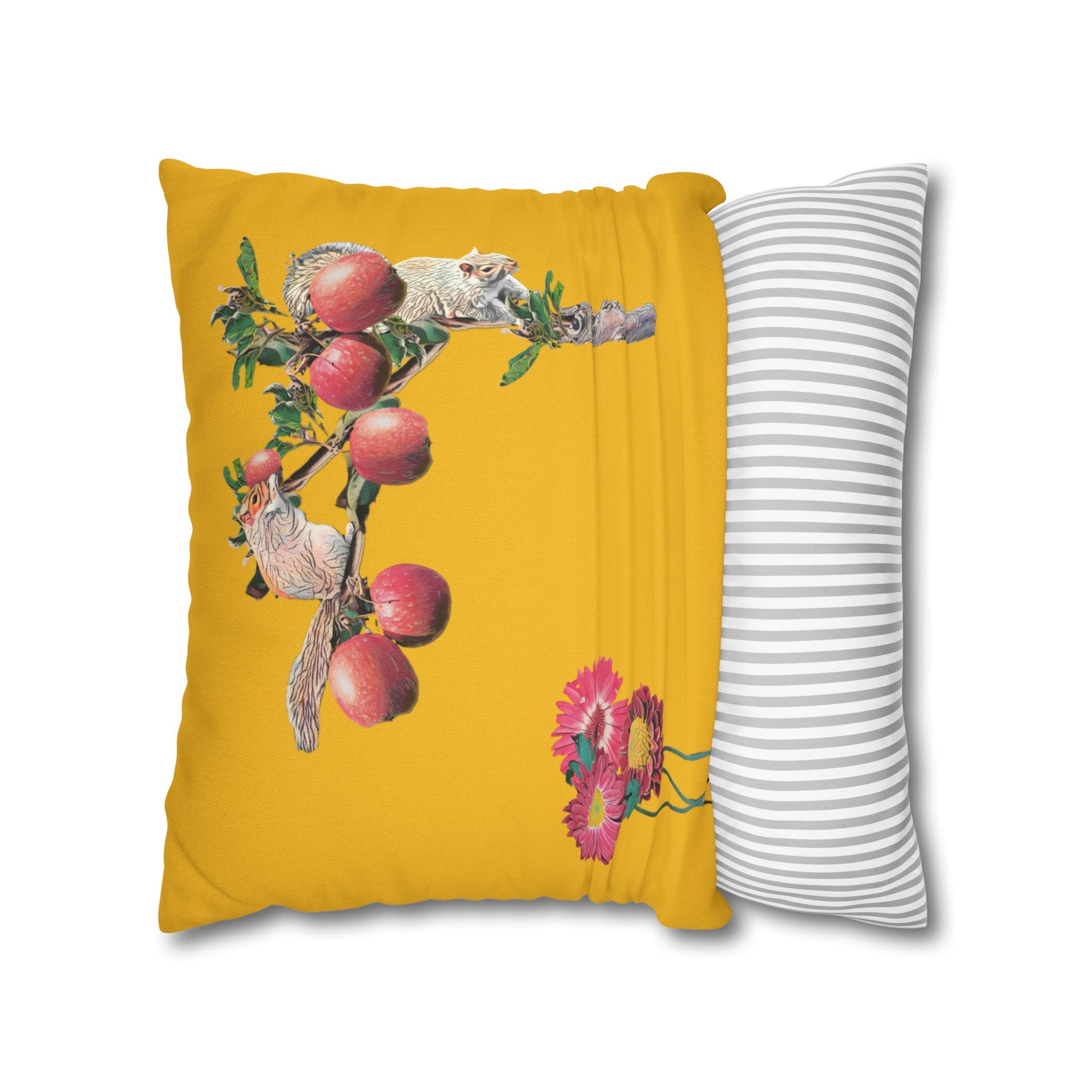 yellow-pillowcase-squirrels-and-apple-tree-floral-design - front view
