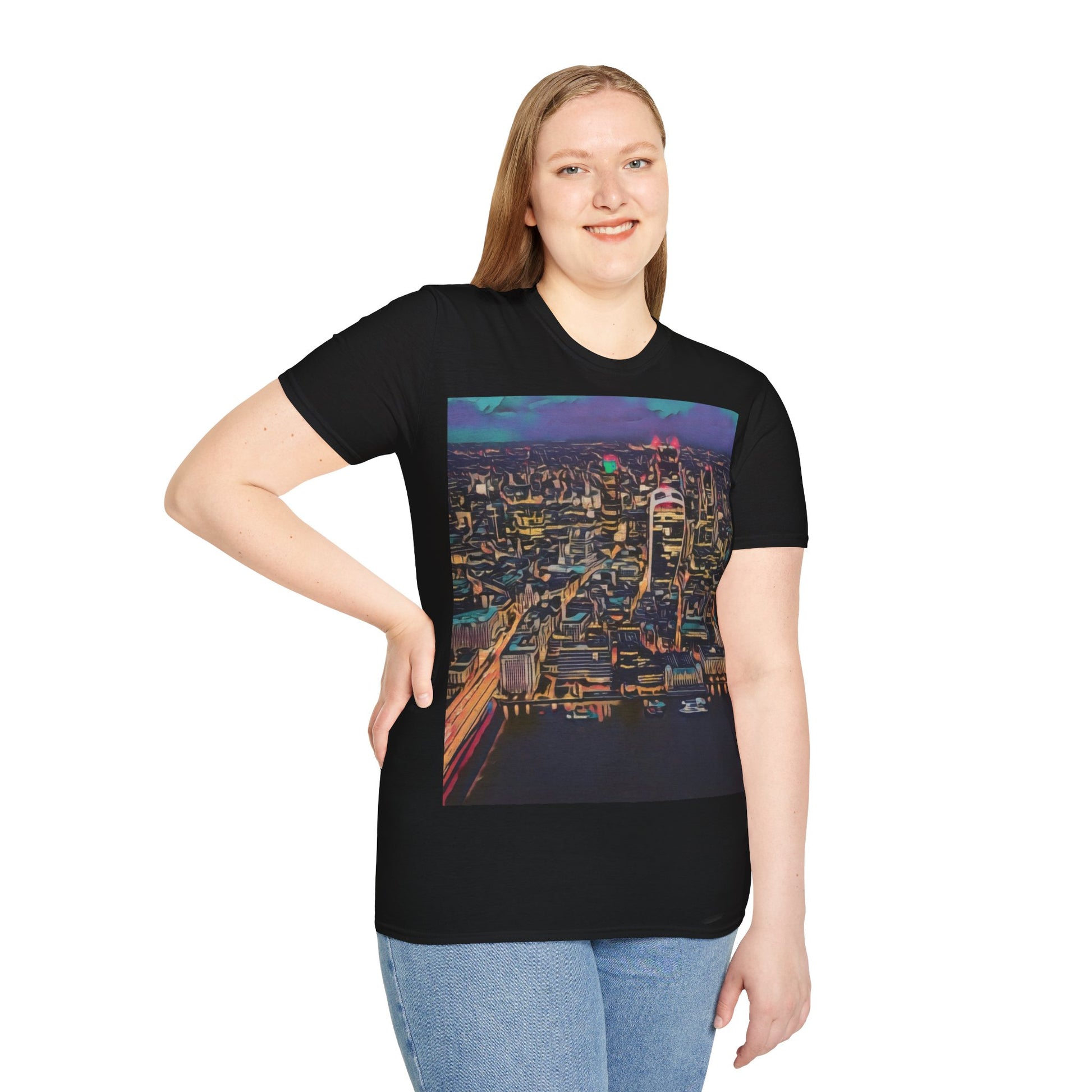 cityscape-art-unisex-softstyle-t-shirt-urban-photography-tee-streetwear-nightlife-fashion-gift-for-travelers-summer-outfit - front view