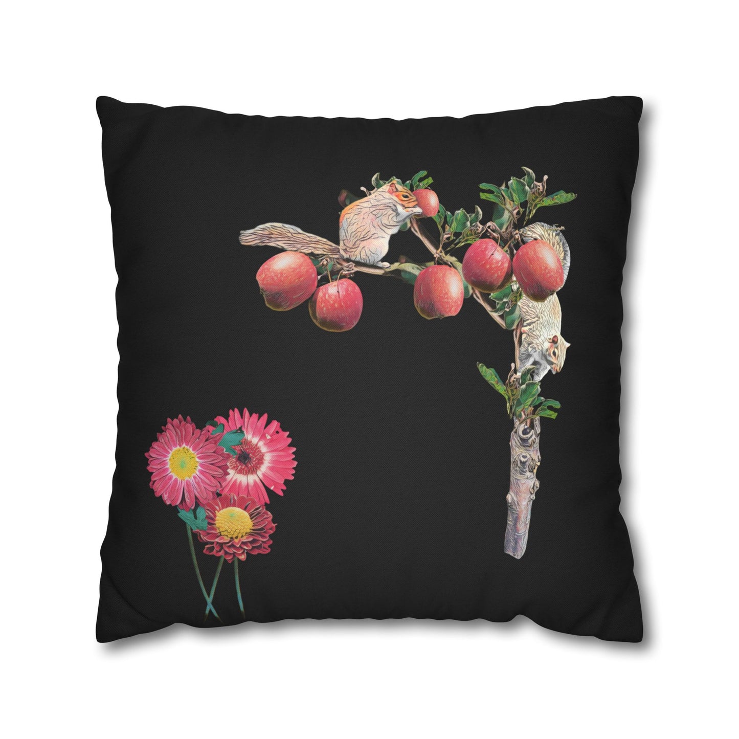 no-leaves-black-pillowcase-squirrels-and-apple-tree-floral-design - front view