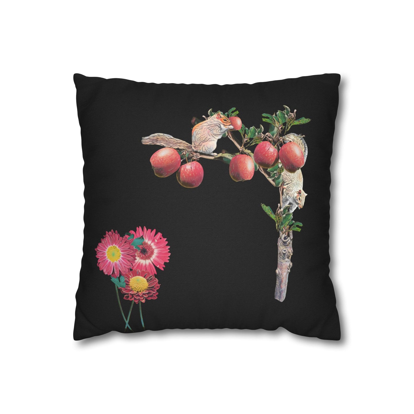 no-leaves-black-pillowcase-squirrels-and-apple-tree-floral-design - front view