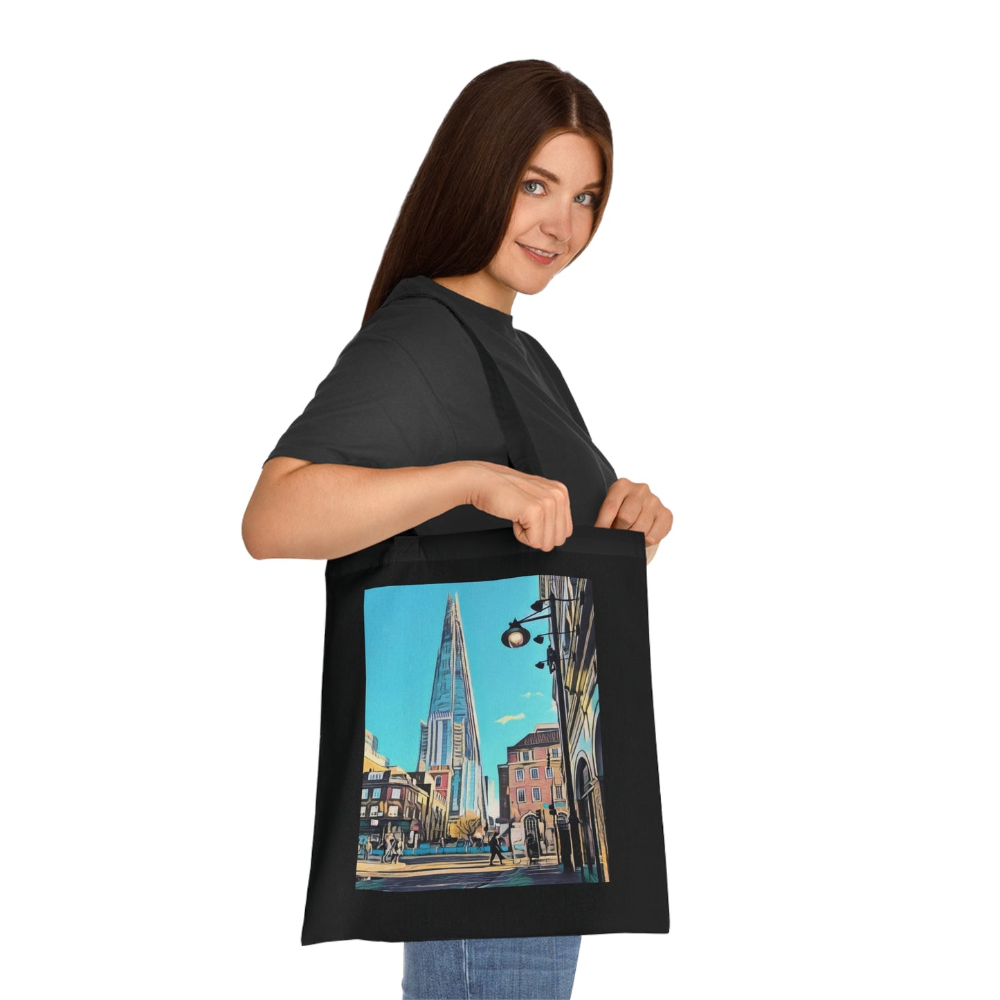 cotton-tote-bag-with-london-shard-at-night-shopper-bag-travel-tote-reusable-grocery-bag-cityscape-tote-eco-friendly - front view