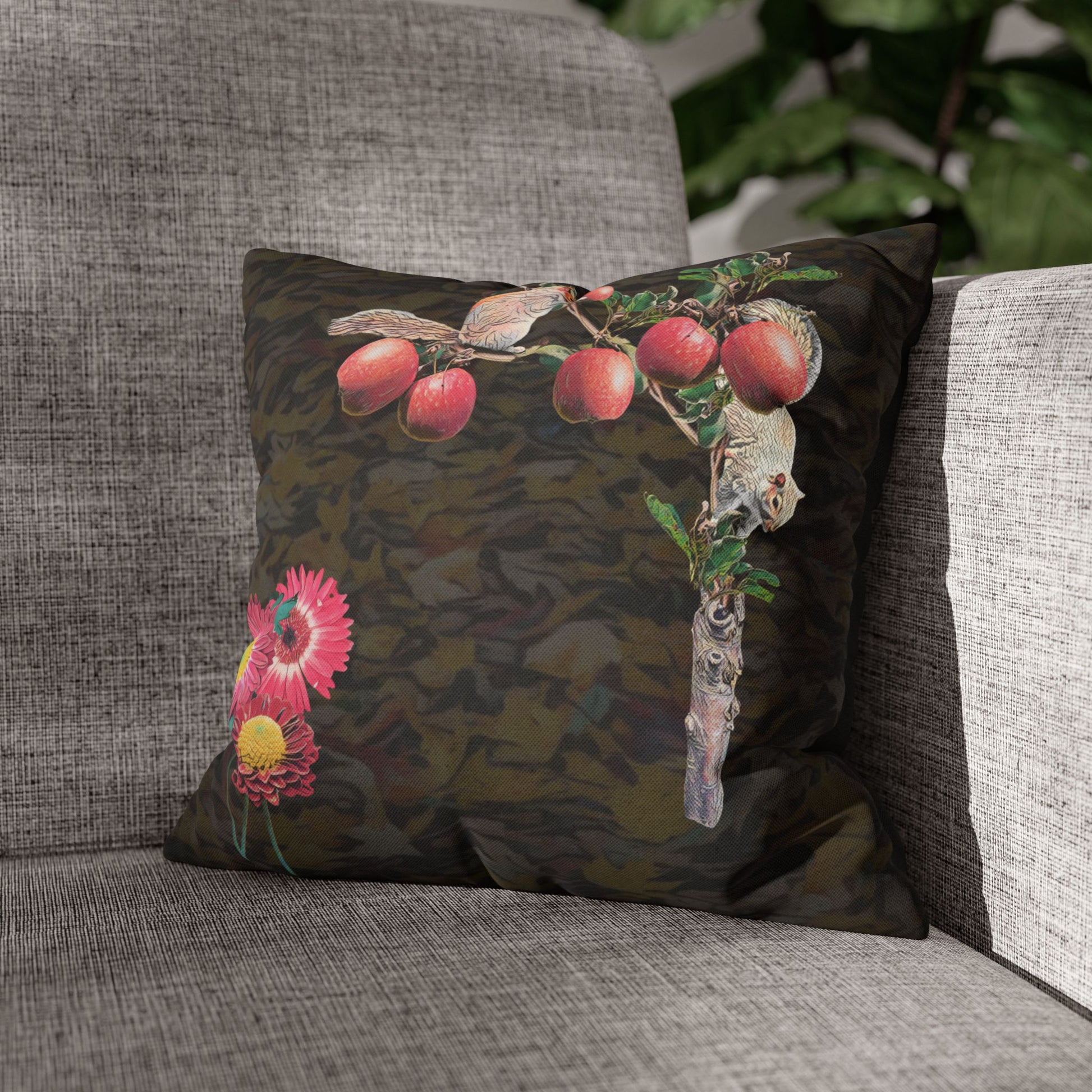 black-pillowcase-squirrels-and-apple-tree-floral-design - front view