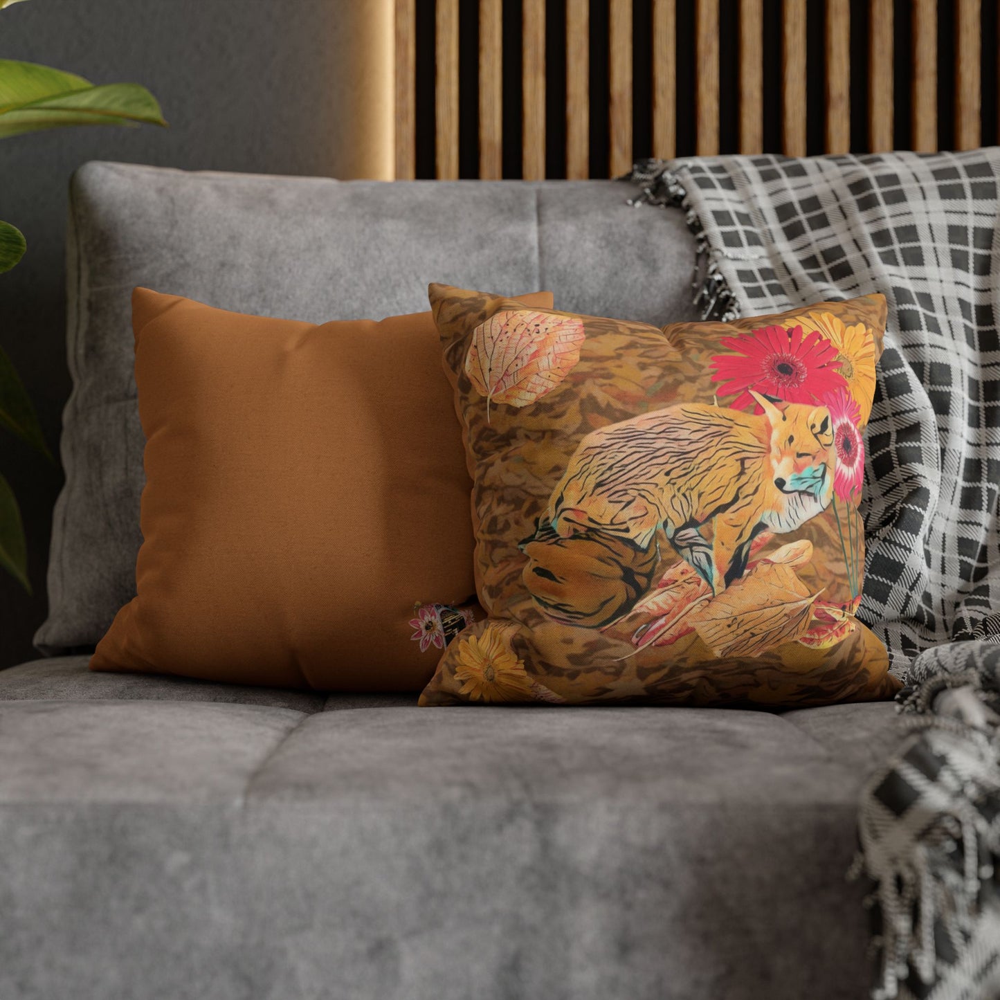 light-brown-pillowcase-cozy-fox-pumpkins-and-chrysanthemum-autumn-leaves-design - front view