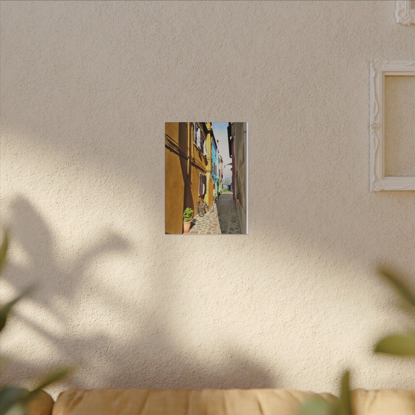 Mulano Street Scene Matte Canvas Print — Yellow Houses & Hanging Clothes, Stretched Wall Art