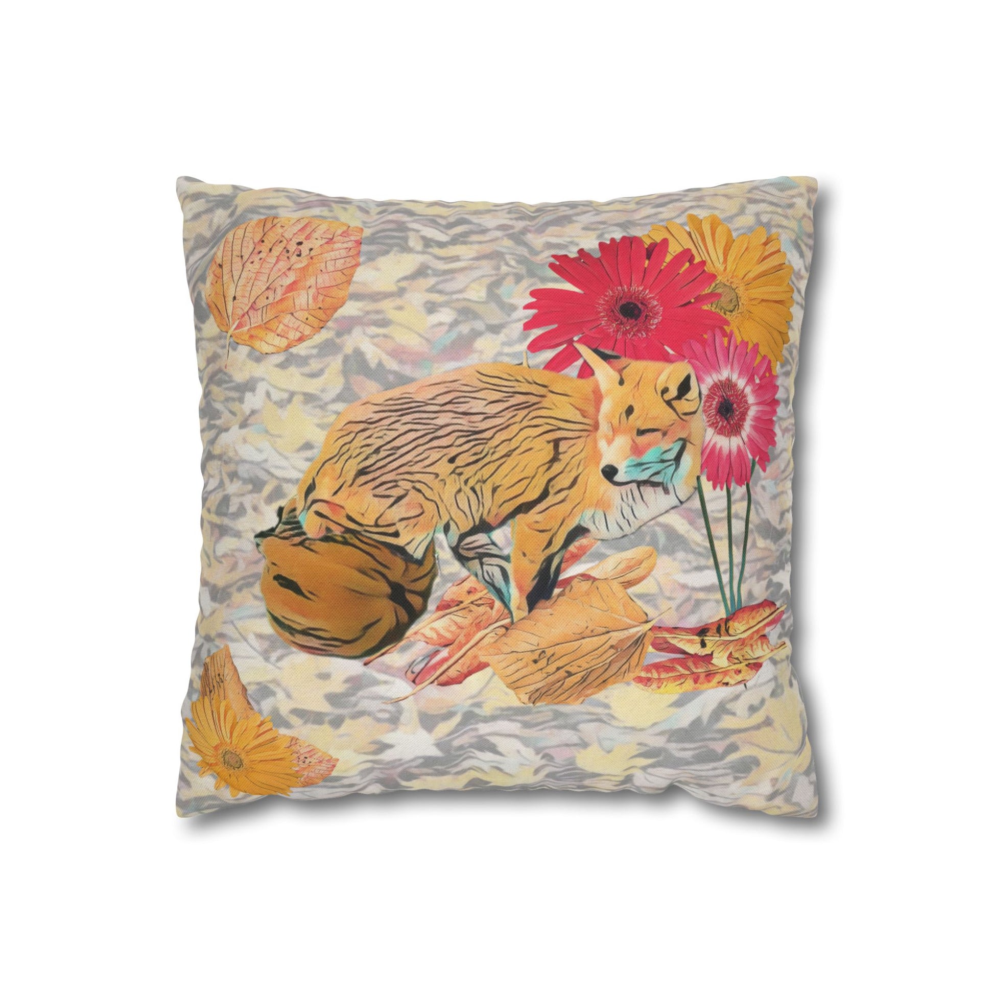 white-pillowcase-cozy-fox-pumpkins-and-chrysanthemum-autumn-leaves-design - front view