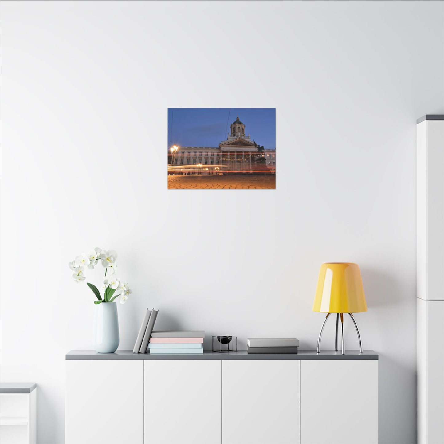 Bruxelles Place Royale Canvas Print — Matte Stretched Wall Art with Car Light Trails