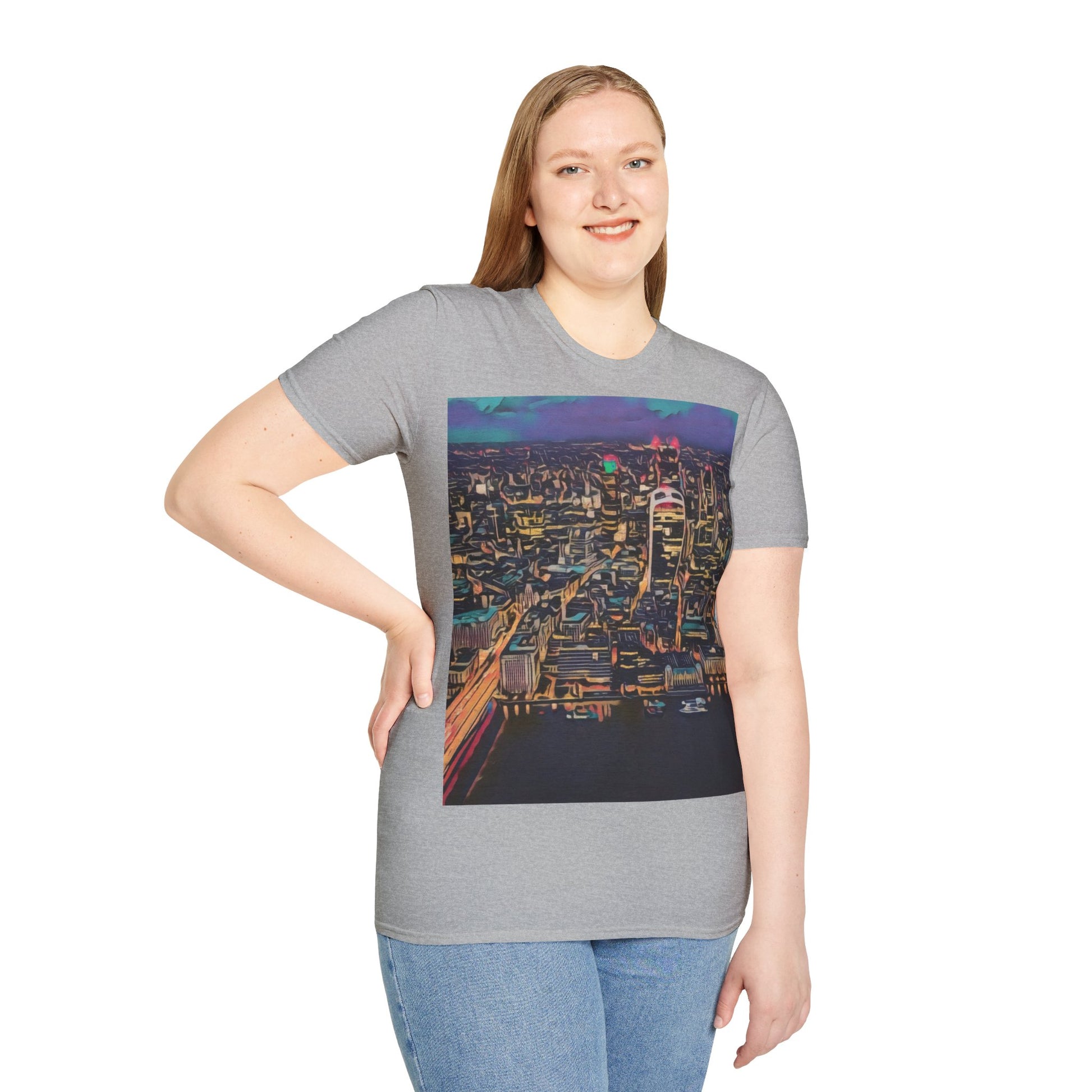 cityscape-art-unisex-softstyle-t-shirt-urban-photography-tee-streetwear-nightlife-fashion-gift-for-travelers-summer-outfit - front view