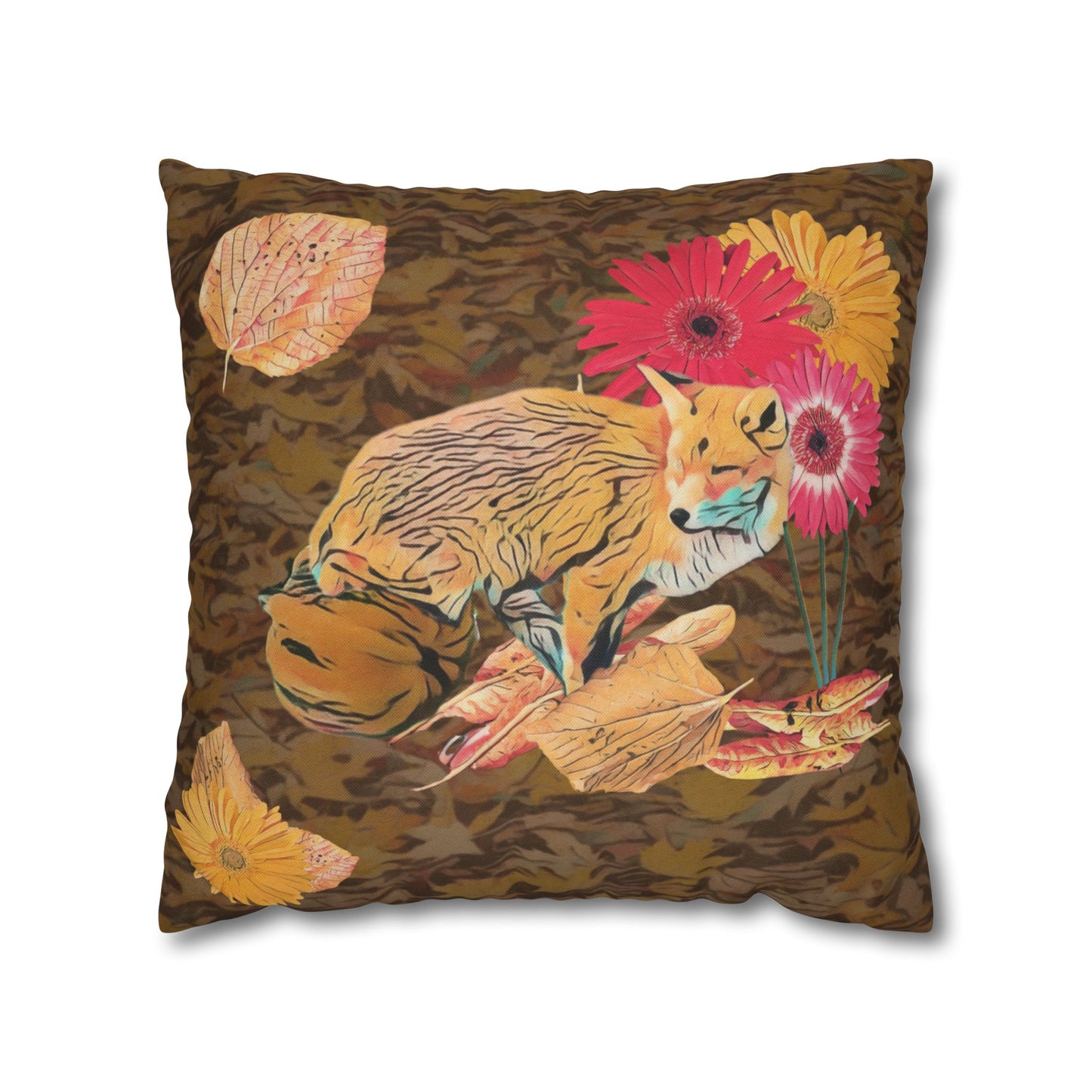 brown-pillowcase-cozy-fox-pumpkins-and-chrysanthemum-autumn-leaves-design - front view