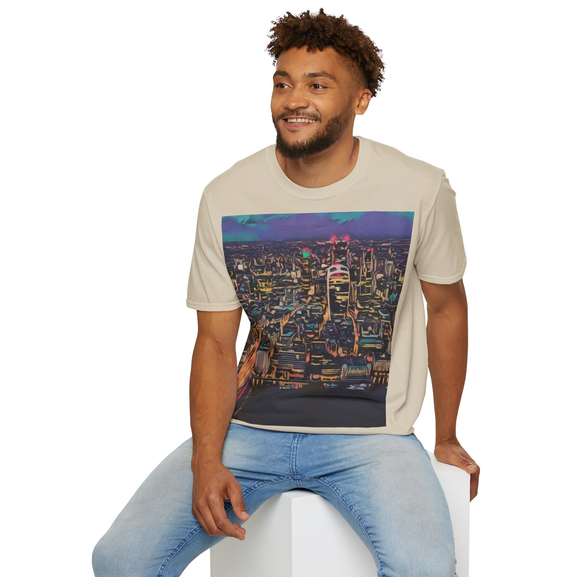 cityscape-art-unisex-softstyle-t-shirt-urban-photography-tee-streetwear-nightlife-fashion-gift-for-travelers-summer-outfit - front view