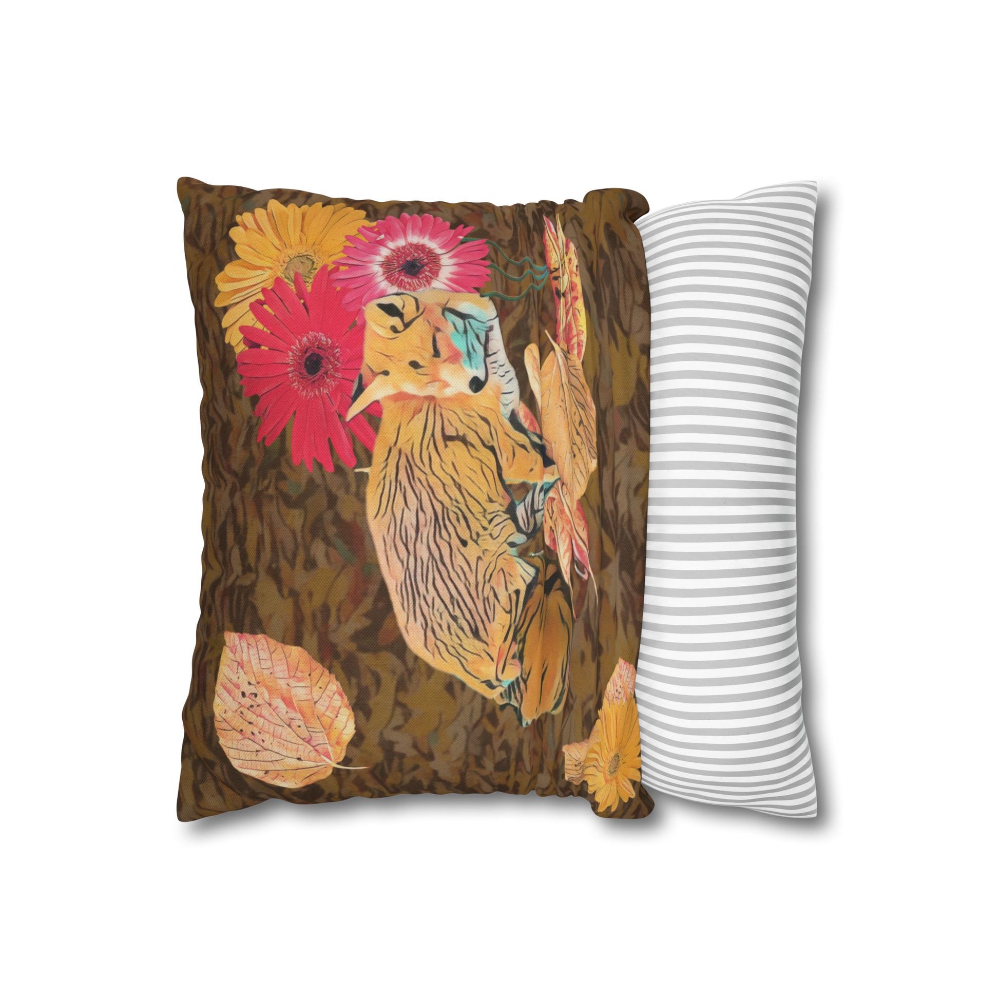 brown-pillowcase-cozy-fox-pumpkins-and-chrysanthemum-autumn-leaves-design - front view