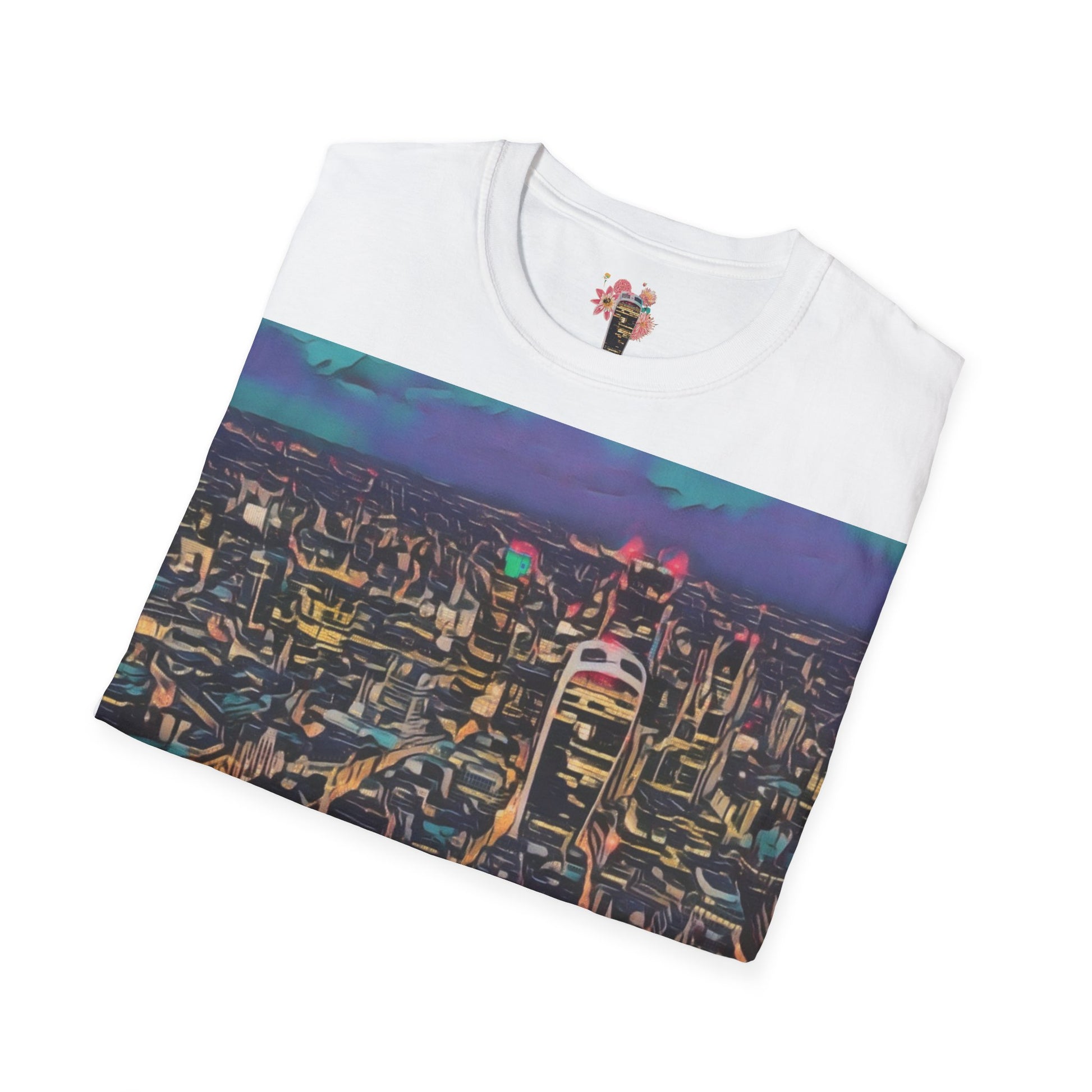 cityscape-art-unisex-softstyle-t-shirt-urban-photography-tee-streetwear-nightlife-fashion-gift-for-travelers-summer-outfit - front view