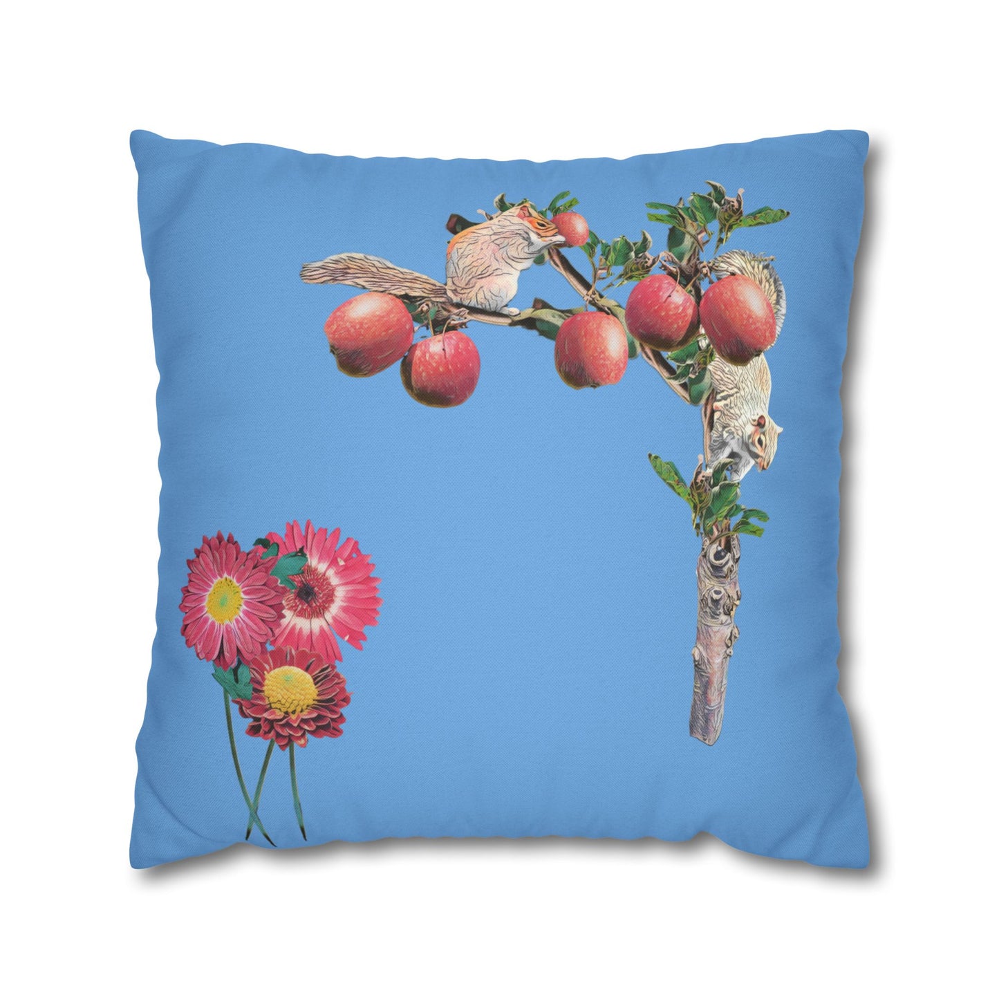 light-blue-pillowcase-squirrels-and-apple-tree-floral-design - front view