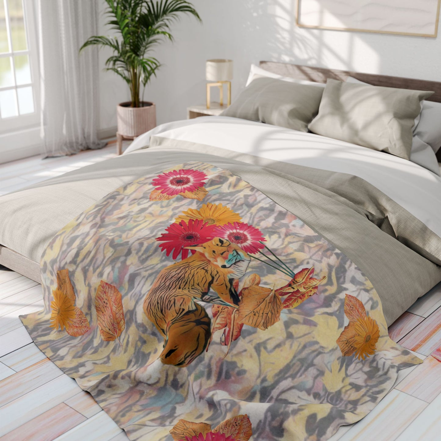 fleece-blanket-autumnal-fox-pumpkins-and-chrysanthemum-design - front view