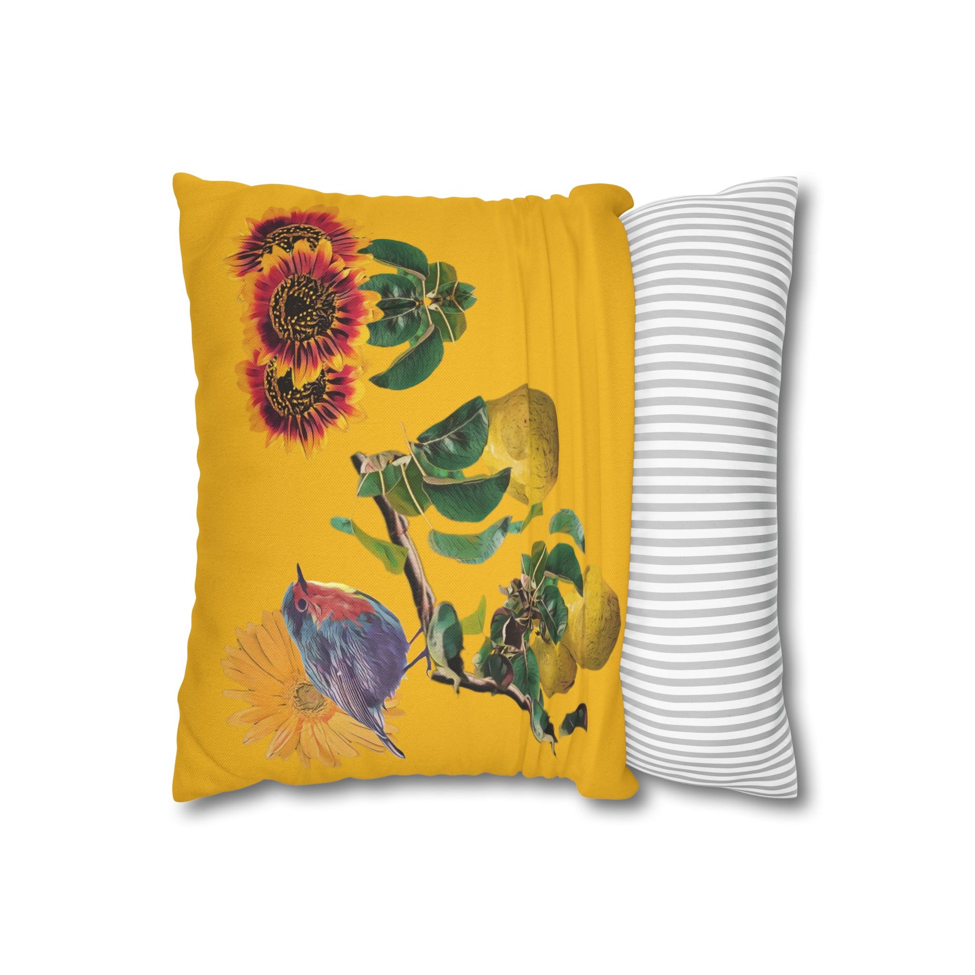 black-pillowcase-robin-and-pears-tree-and-sunflower-design - front view