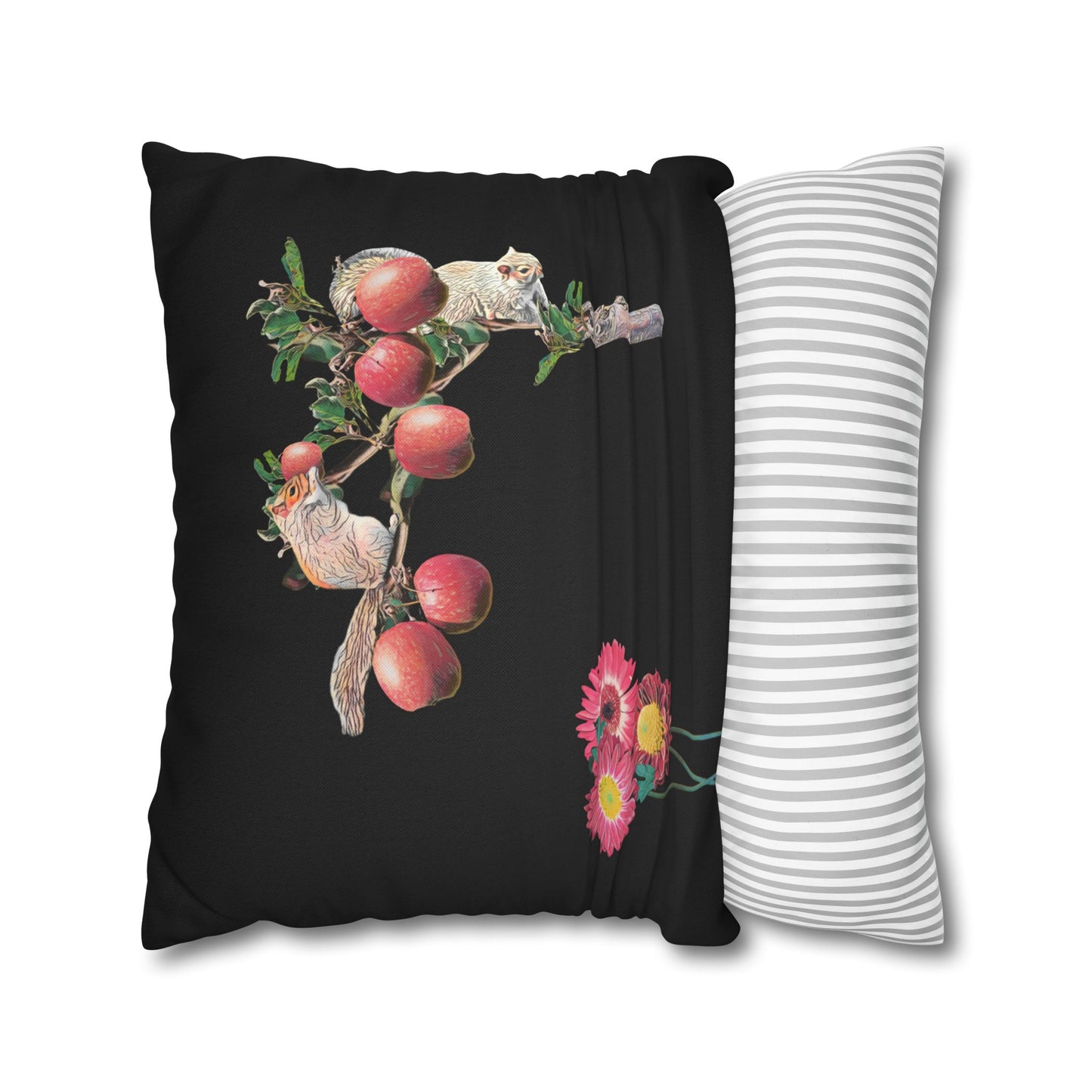 no-leaves-black-pillowcase-squirrels-and-apple-tree-floral-design - front view