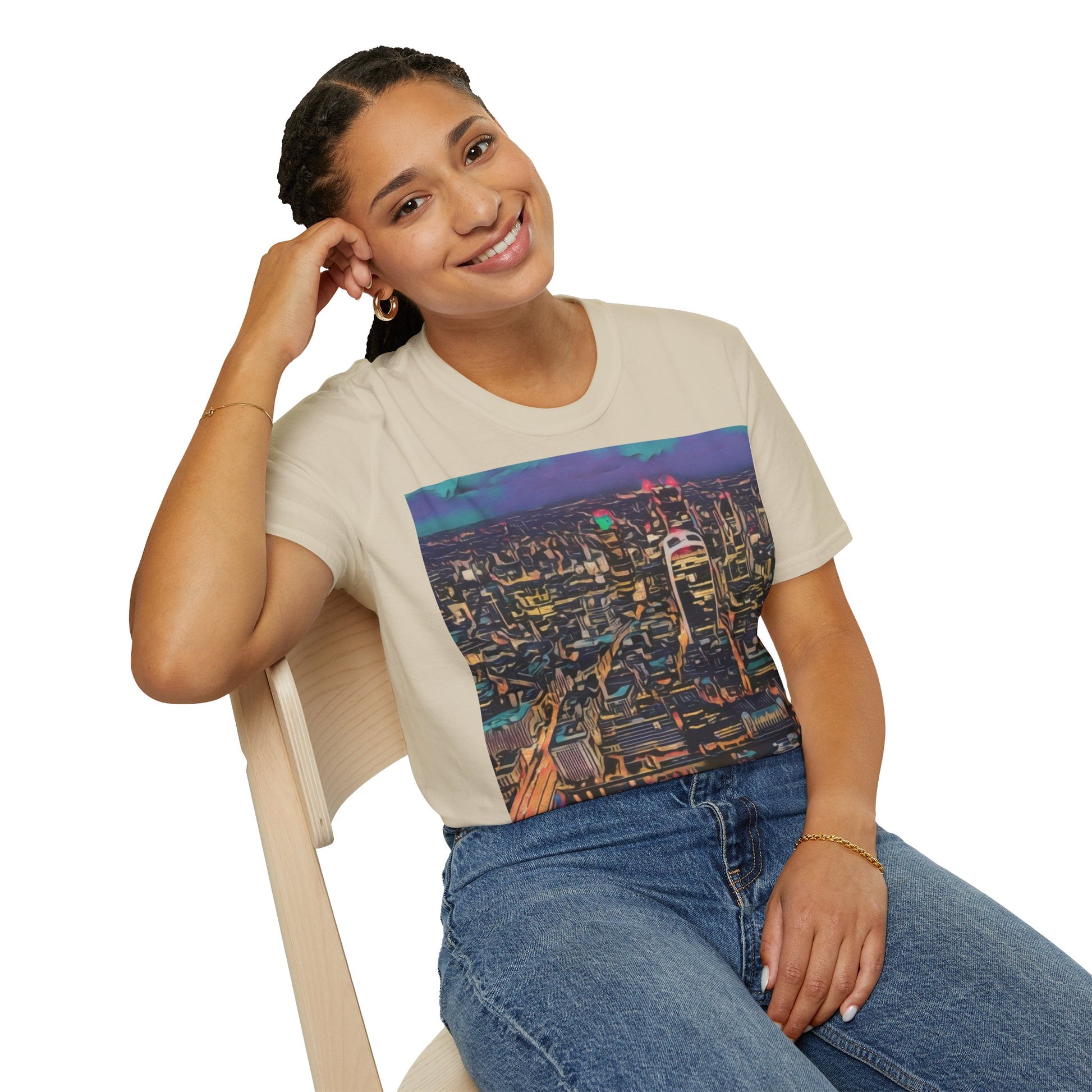 cityscape-art-unisex-softstyle-t-shirt-urban-photography-tee-streetwear-nightlife-fashion-gift-for-travelers-summer-outfit - front view