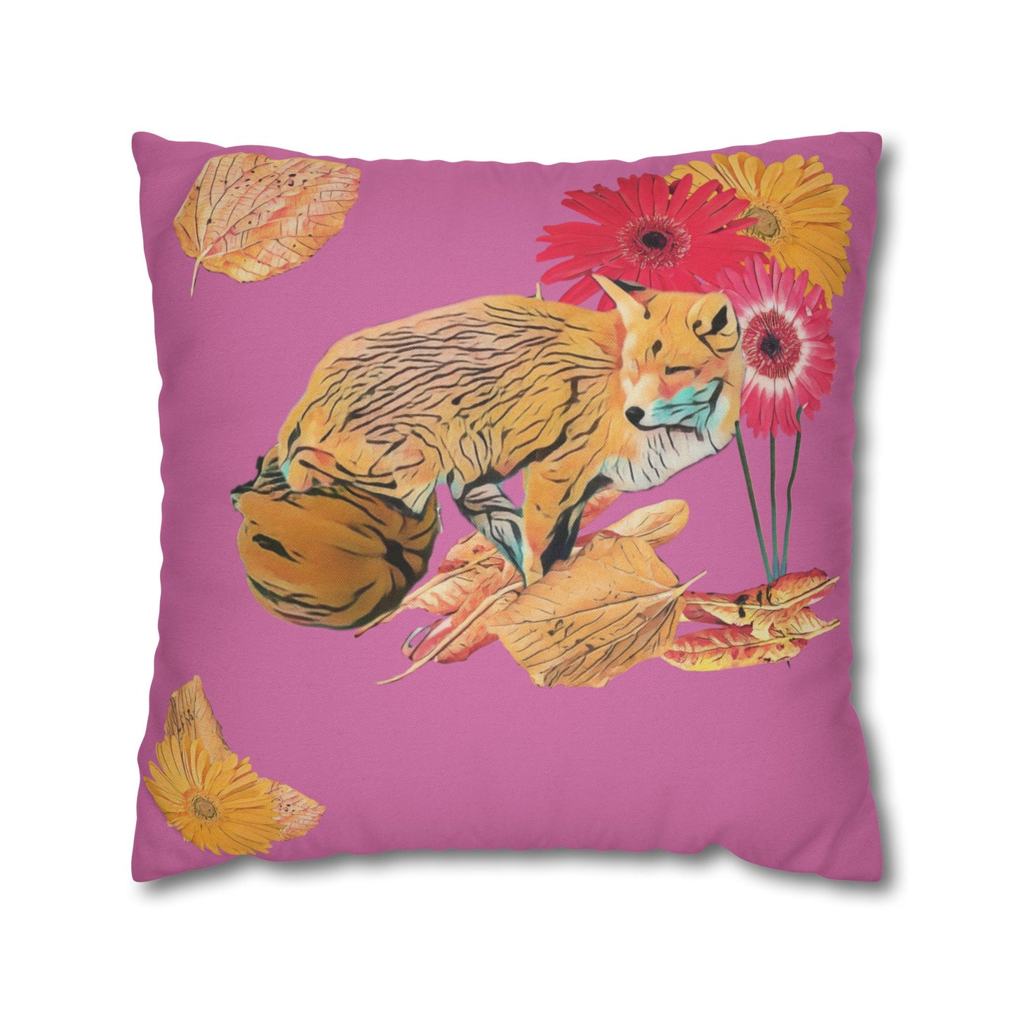 light-pink-pillowcase-cozy-fox-pumpkins-and-chrysanthemum-autumn-leaves-design - front view