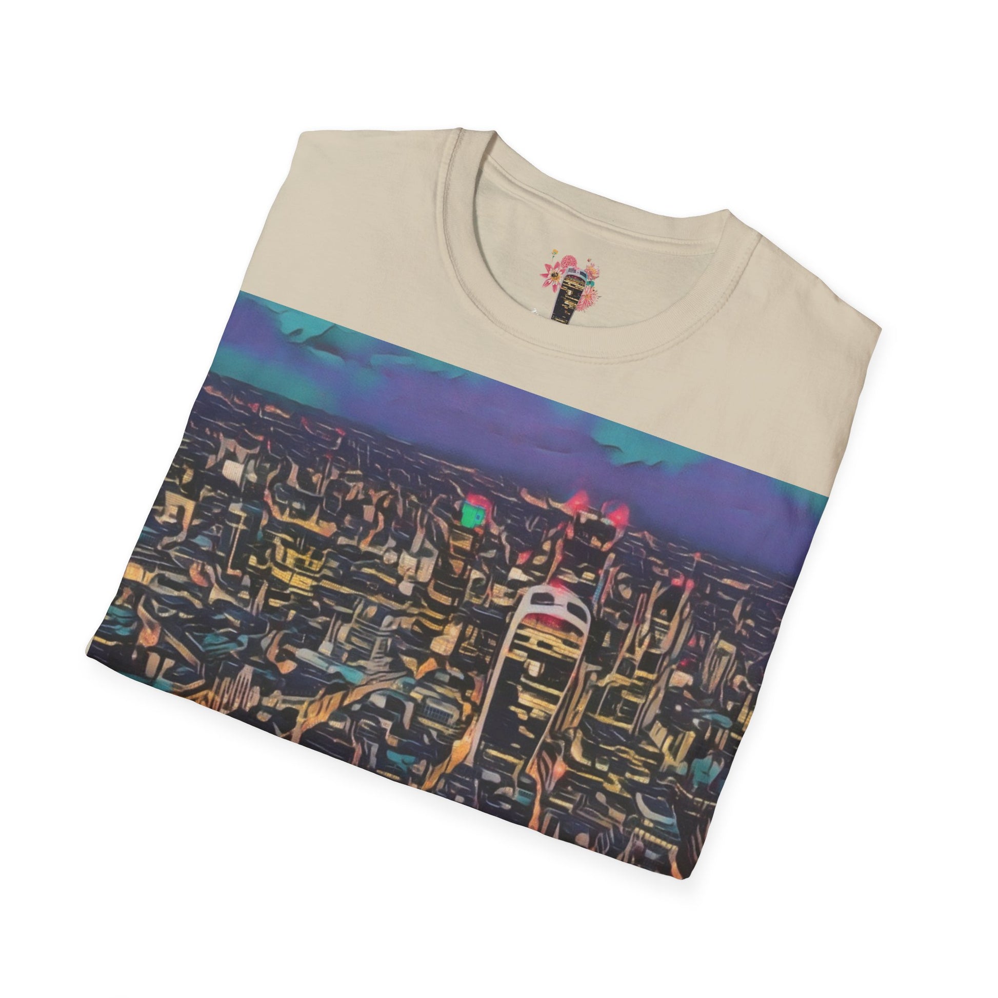 cityscape-art-unisex-softstyle-t-shirt-urban-photography-tee-streetwear-nightlife-fashion-gift-for-travelers-summer-outfit - front view