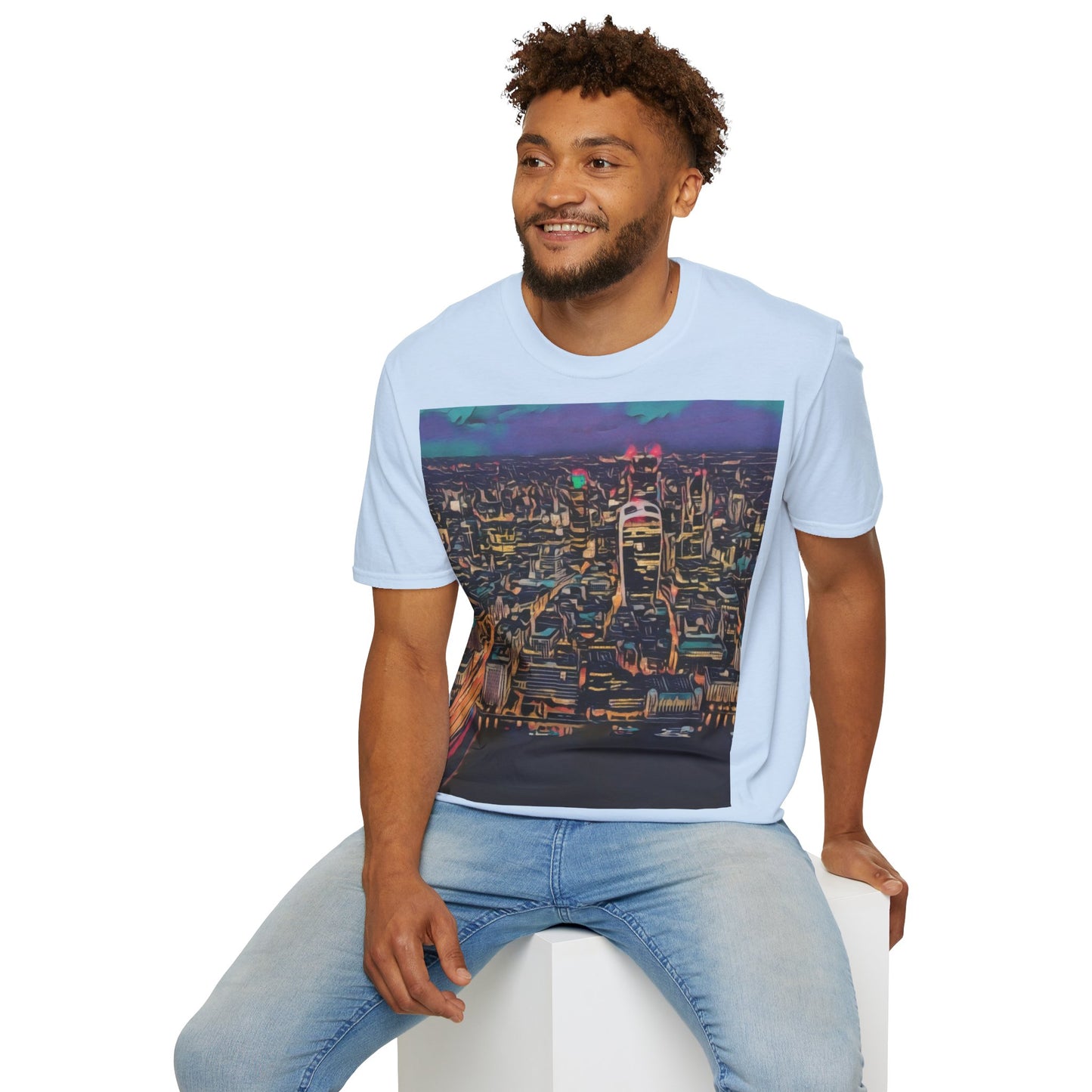 cityscape-art-unisex-softstyle-t-shirt-urban-photography-tee-streetwear-nightlife-fashion-gift-for-travelers-summer-outfit - front view