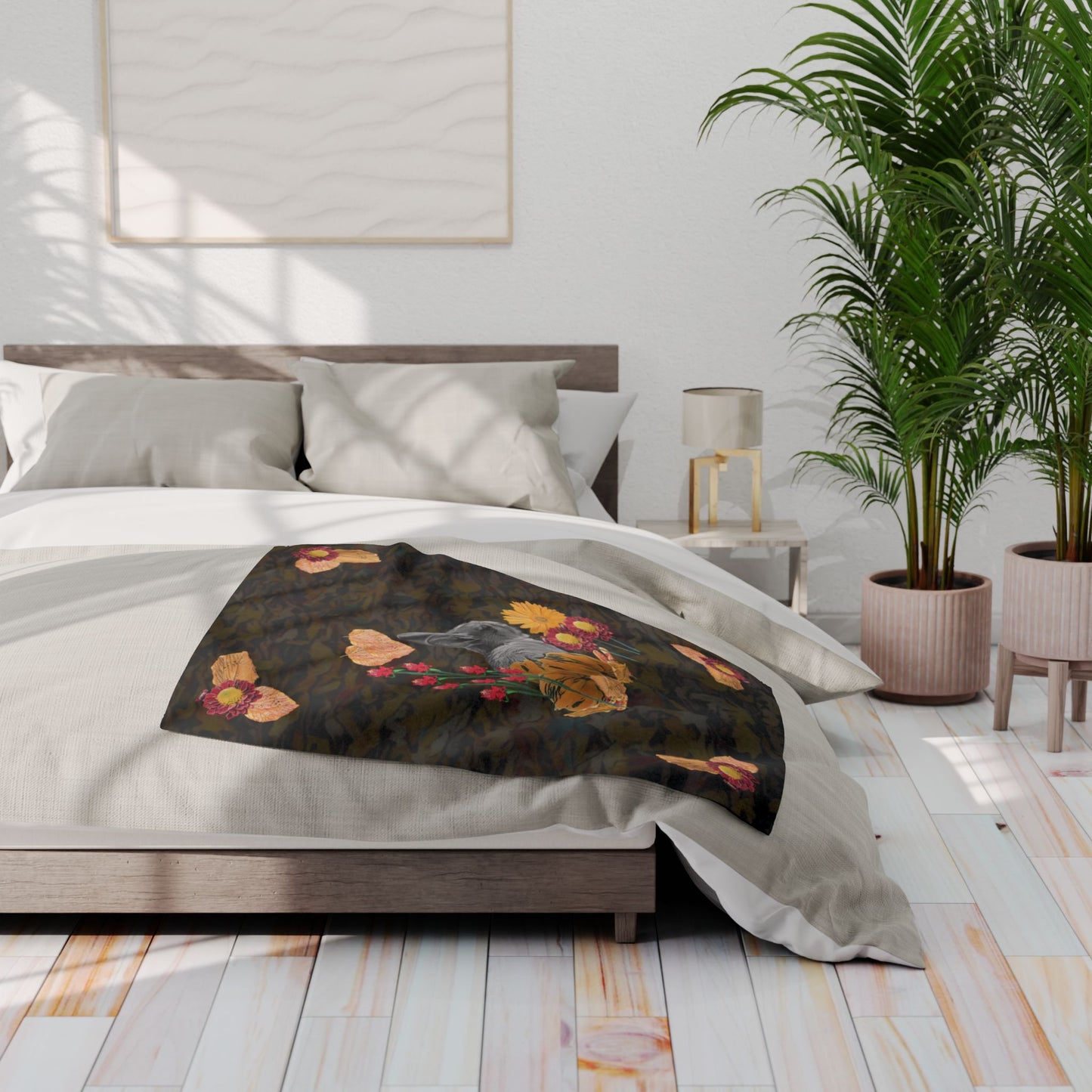 dark-fleece-blanket-fox-pear-pumpkin-rabbit-tomatoes-falling-leaves-design - front view