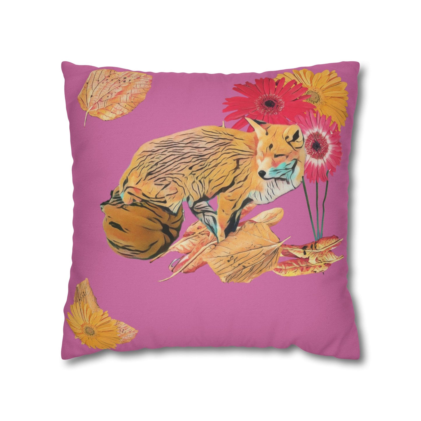 light-pink-pillowcase-cozy-fox-pumpkins-and-chrysanthemum-autumn-leaves-design - front view