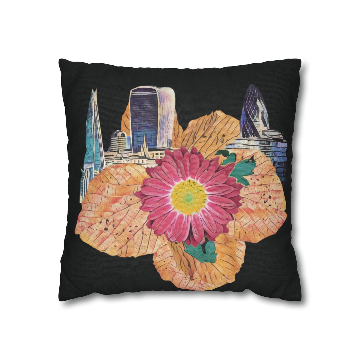 black-pillowcase-london-landmarks-autumn-floral-foliage - front view
